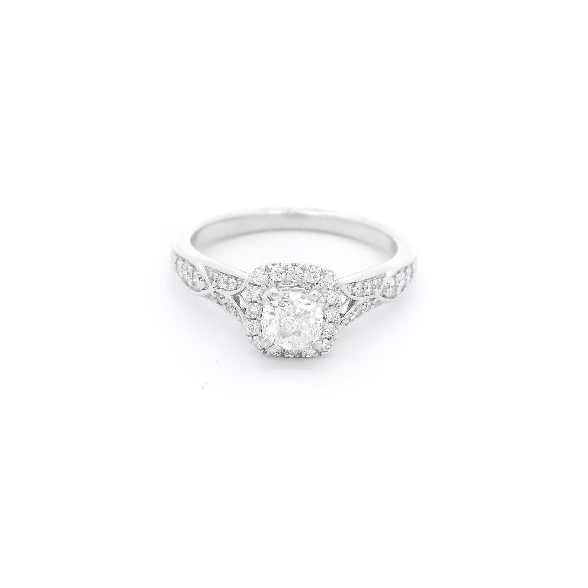 Cushion Cut Bridal Ring With Diamond Halo & Diamonds Down Shank - Forever Rox Fine Jewelry