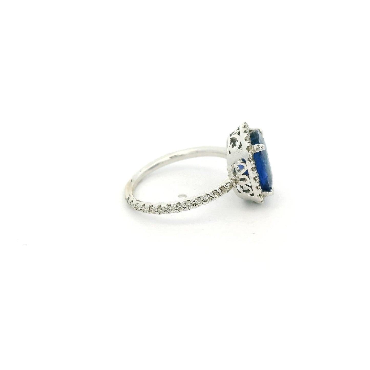Cushion Cut Ceylon Sapphire Ring With Diamond Halo & Diamonds Around Band - Forever Rox Fine Jewelry