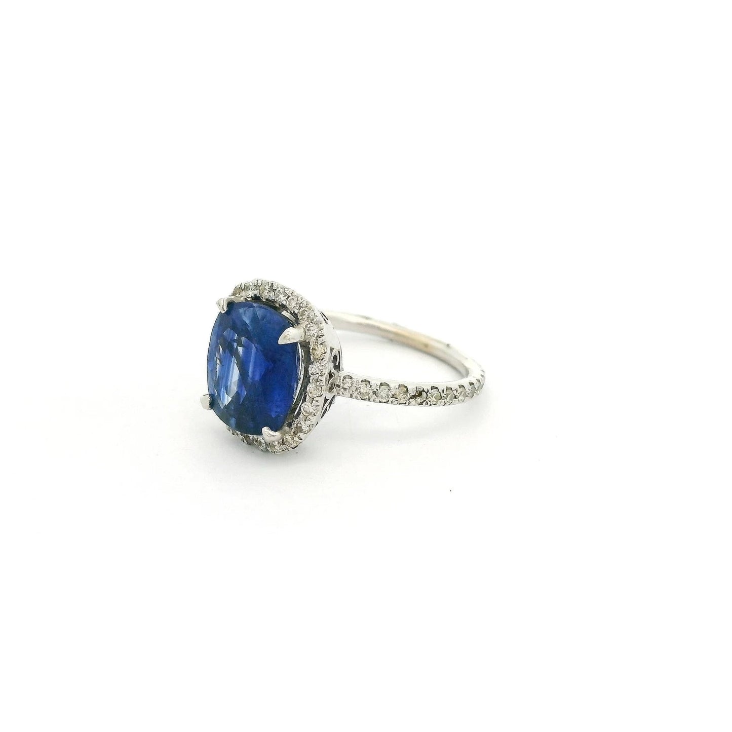 Cushion Cut Ceylon Sapphire Ring With Diamond Halo & Diamonds Around Band - Forever Rox Fine Jewelry