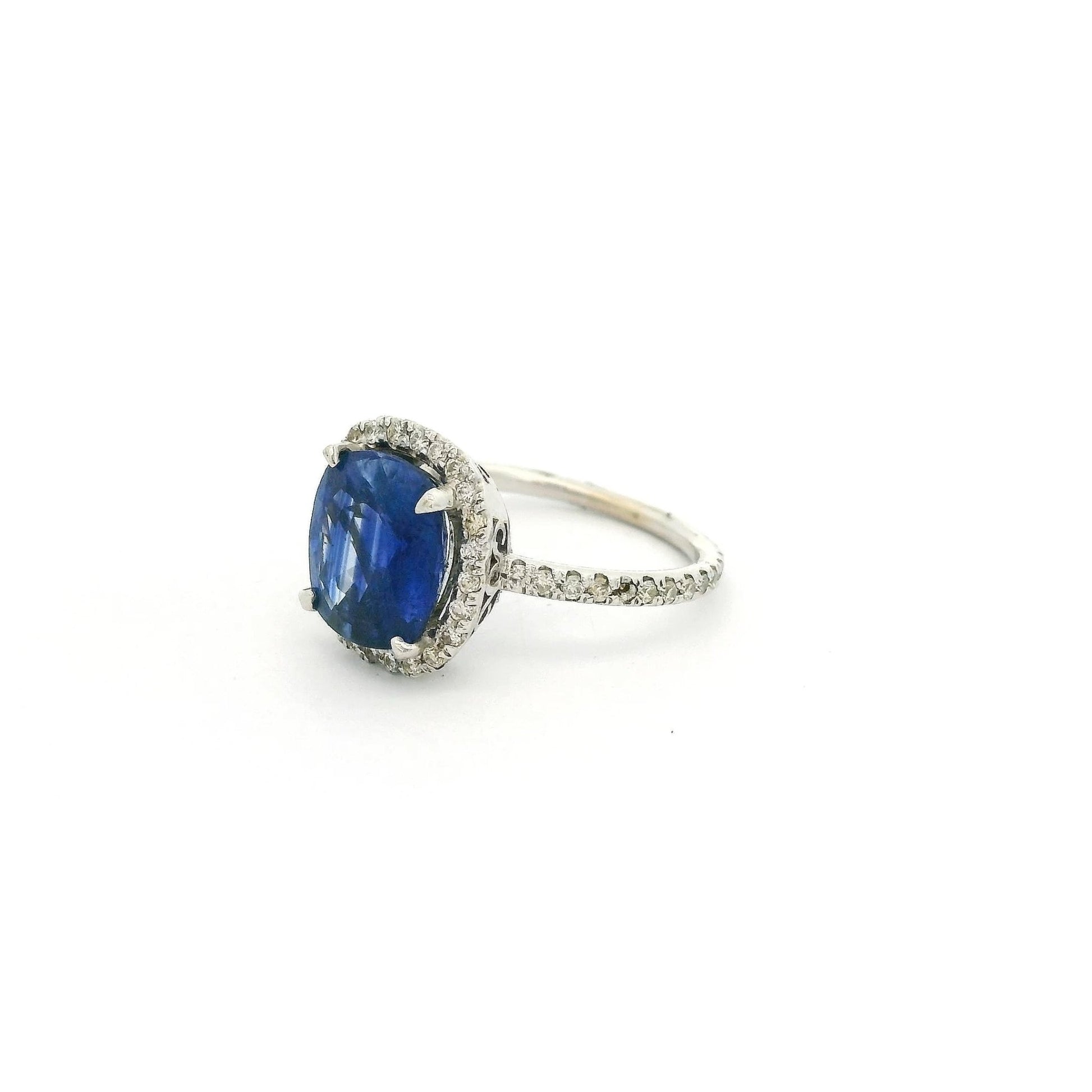 Cushion Cut Ceylon Sapphire Ring With Diamond Halo & Diamonds Around Band - Forever Rox Fine Jewelry