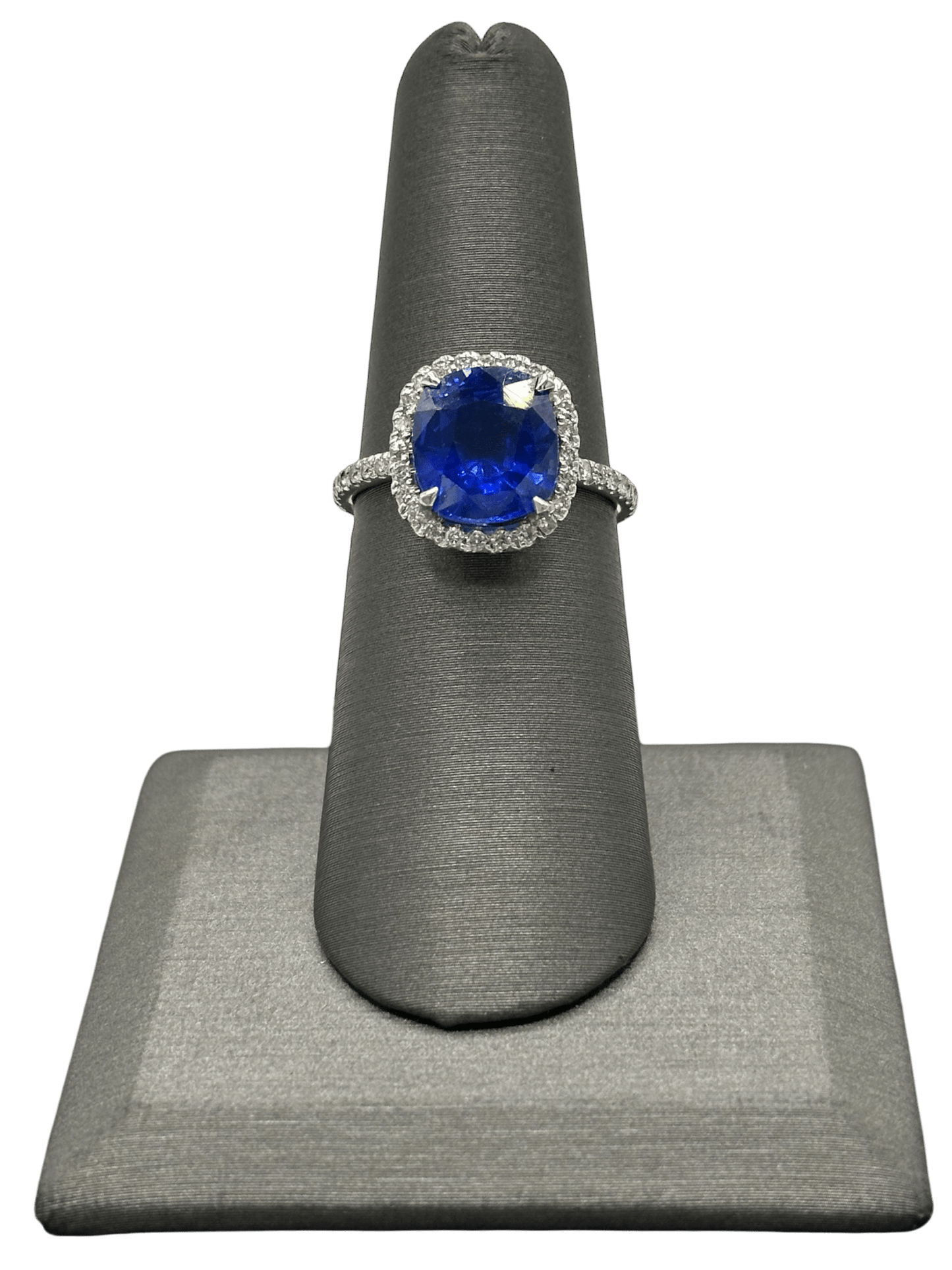 Cushion Cut Ceylon Sapphire Ring With Diamond Halo & Diamonds Around Band - Forever Rox