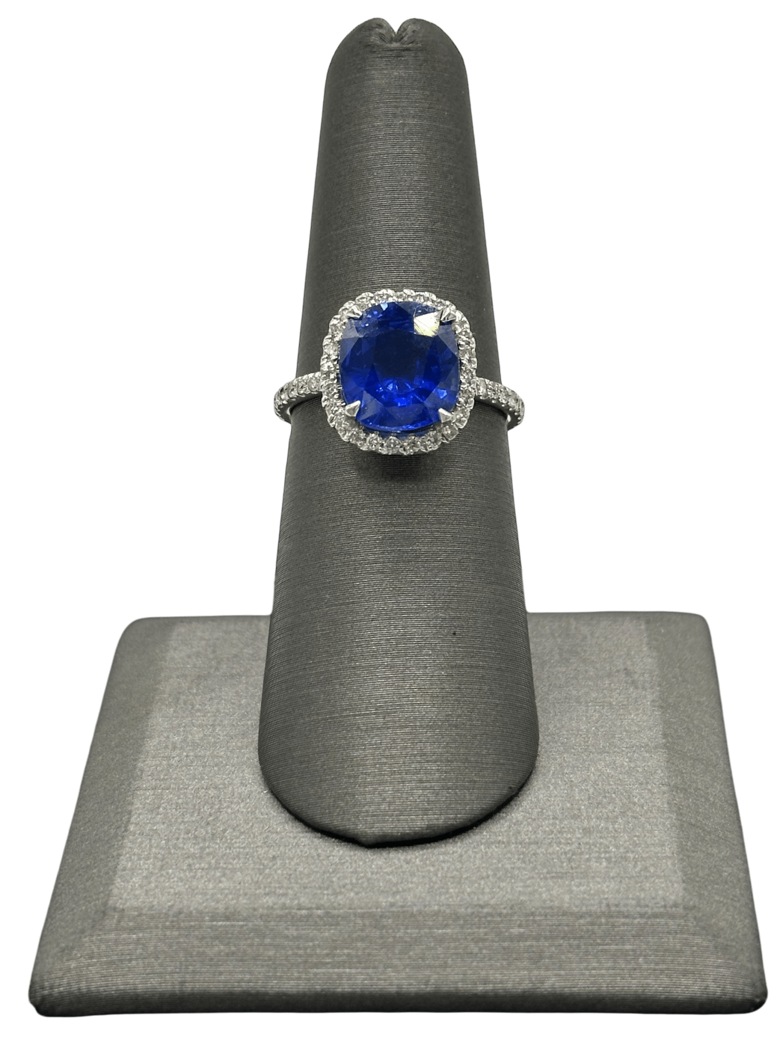 Cushion Cut Ceylon Sapphire Ring With Diamond Halo & Diamonds Around Band - Forever Rox