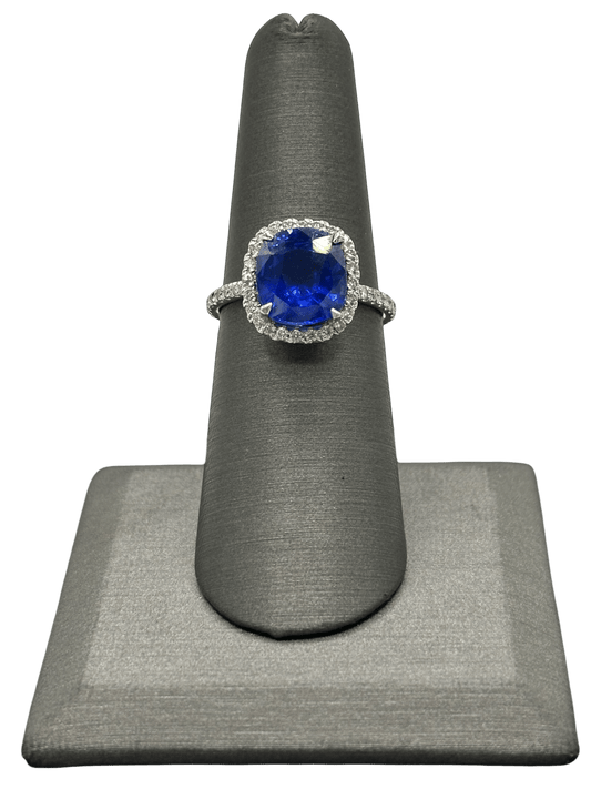 Cushion Cut Ceylon Sapphire Ring With Diamond Halo & Diamonds Around Band - Forever Rox