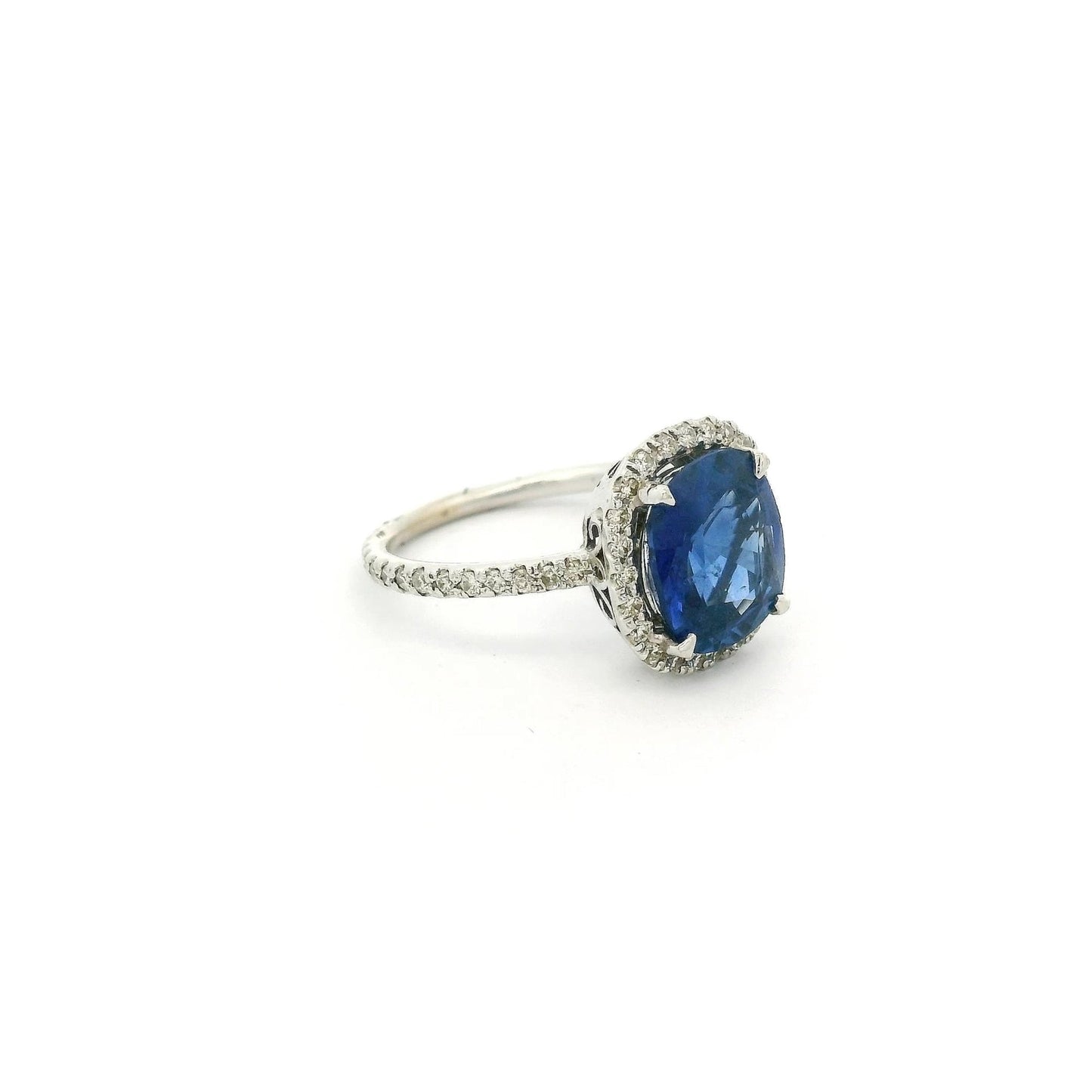 Cushion Cut Ceylon Sapphire Ring With Diamond Halo & Diamonds Around Band - Forever Rox Fine Jewelry
