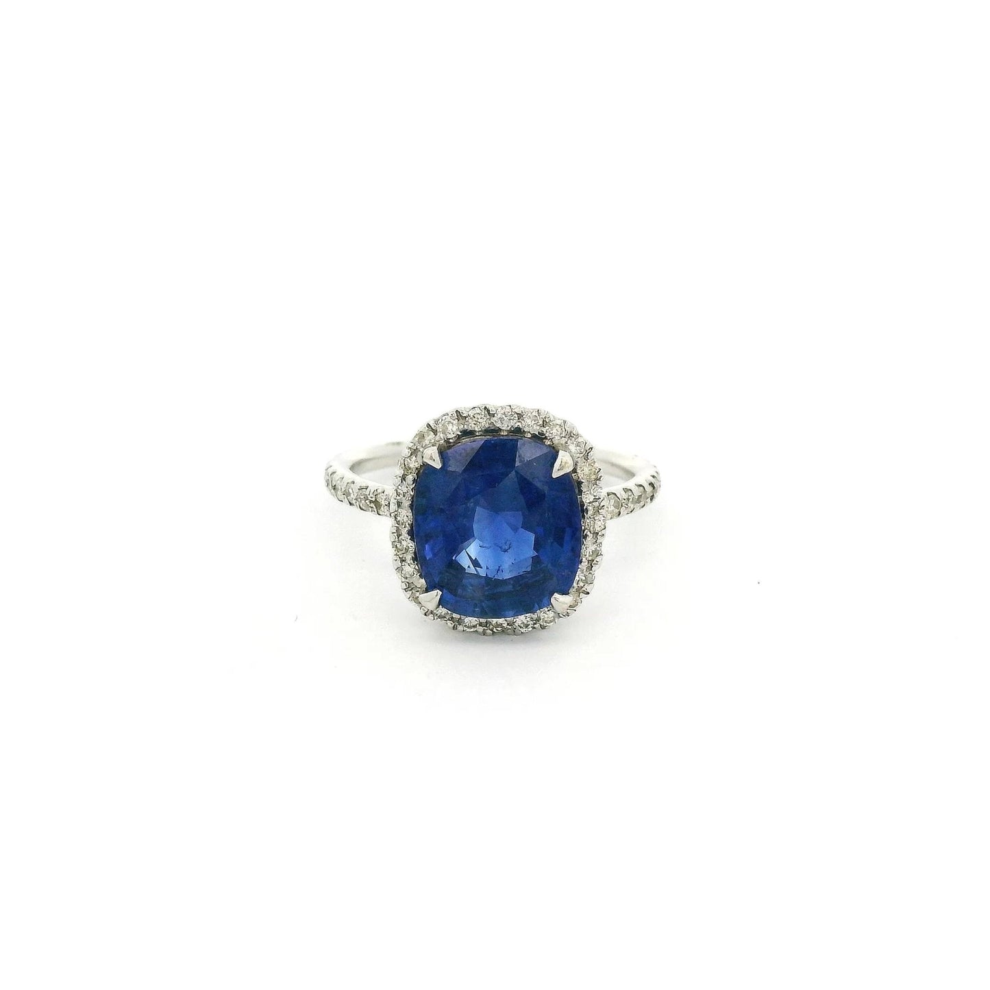 Cushion Cut Ceylon Sapphire Ring With Diamond Halo & Diamonds Around Band - Forever Rox Fine Jewelry