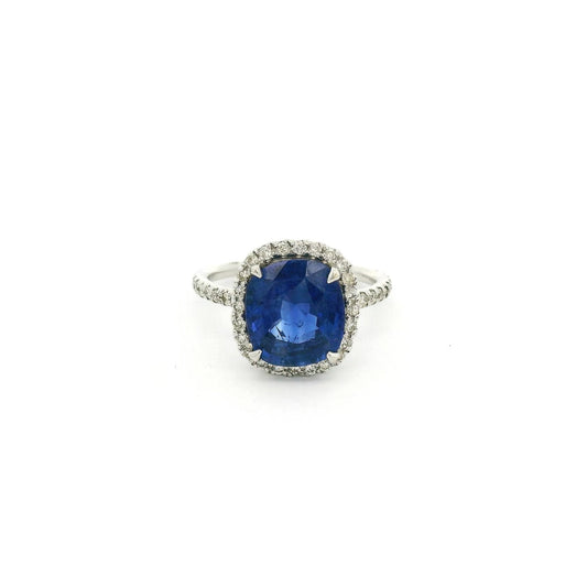 Cushion Cut Ceylon Sapphire Ring With Diamond Halo & Diamonds Around Band - Forever Rox Fine Jewelry