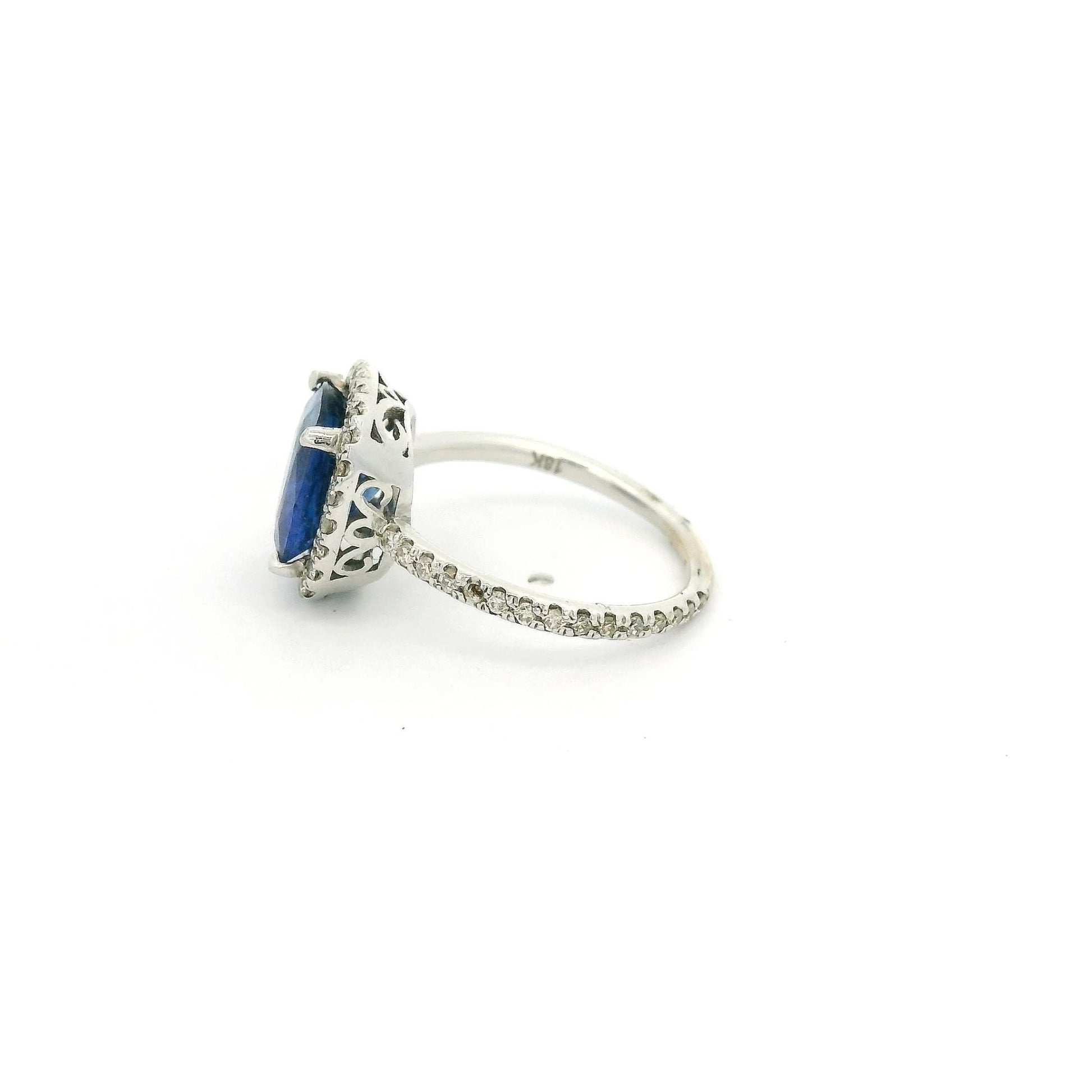 Cushion Cut Ceylon Sapphire Ring With Diamond Halo & Diamonds Around Band - Forever Rox Fine Jewelry