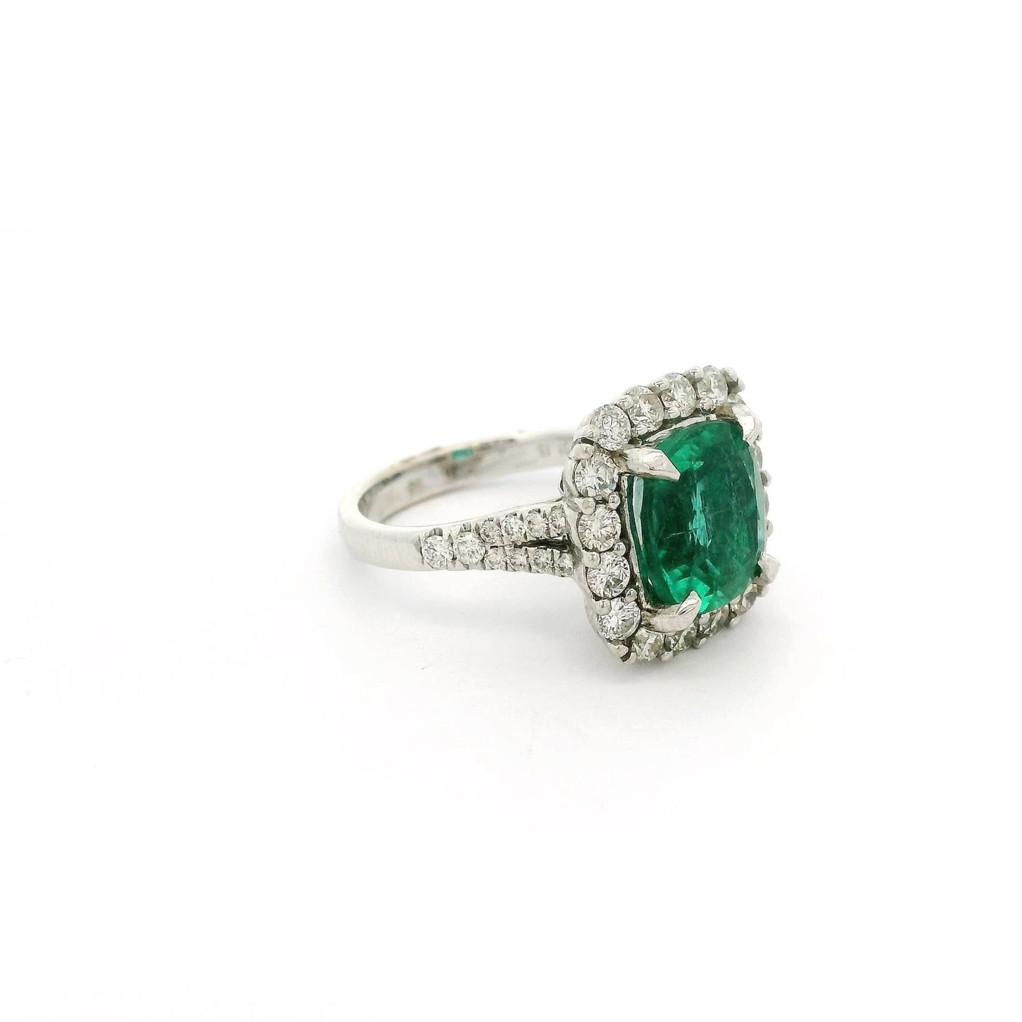 Cushion Cut Emerald Ring With Diamond Halo & Diamond Down Shank - Forever Rox Fine Jewelry