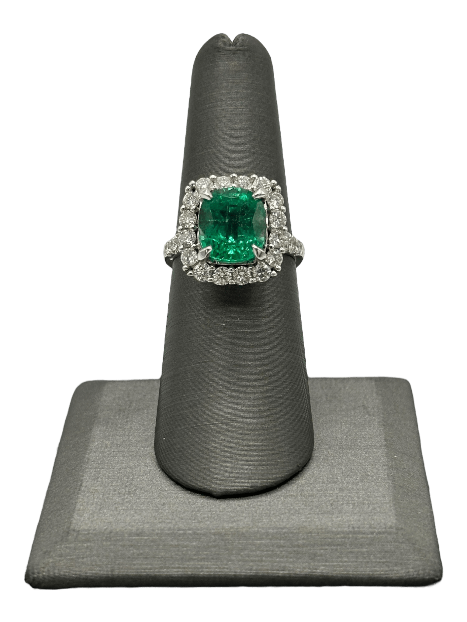 Cushion Cut Emerald Ring With Diamond Halo & Diamond Down Shank - Forever Rox