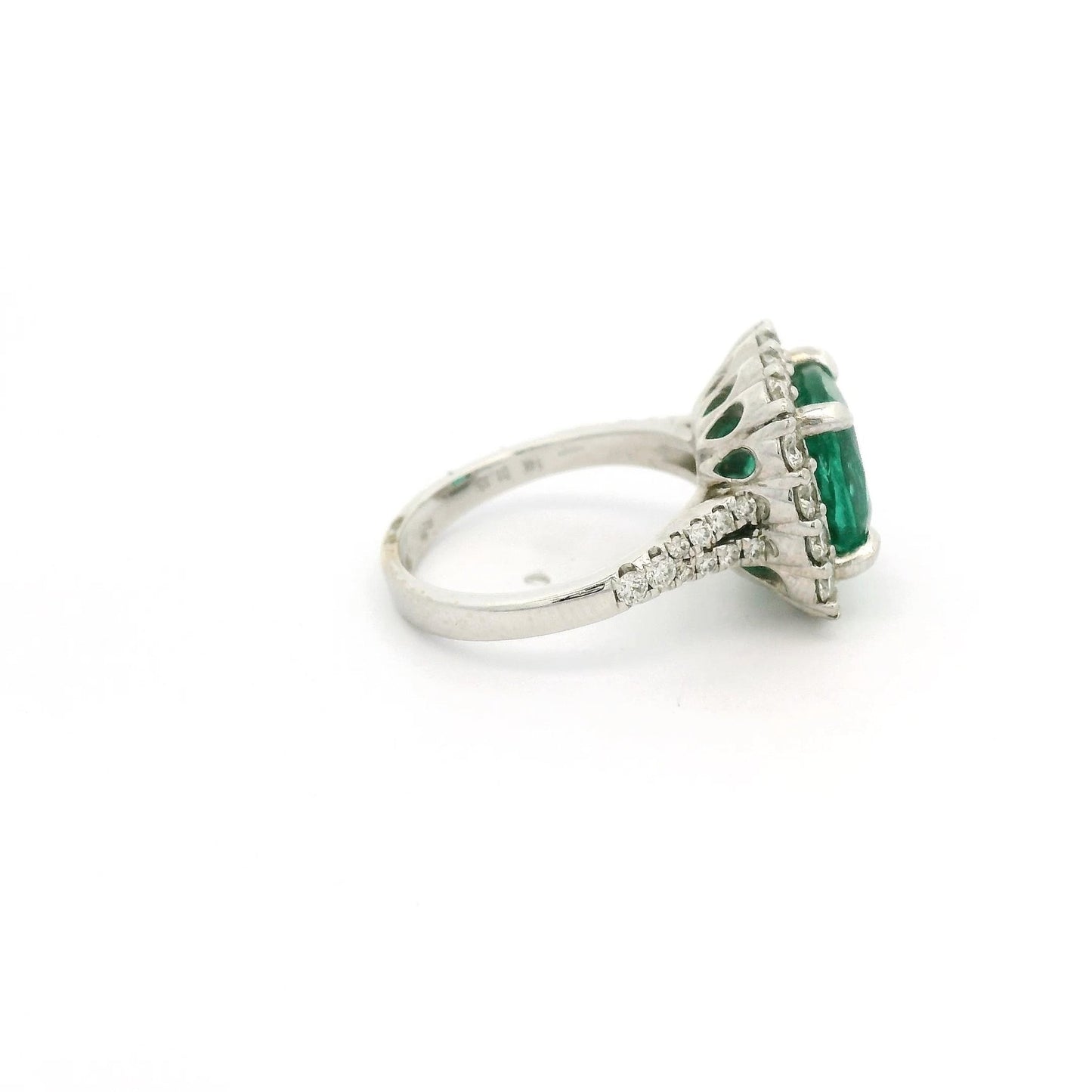 Cushion Cut Emerald Ring With Diamond Halo & Diamond Down Shank - Forever Rox Fine Jewelry