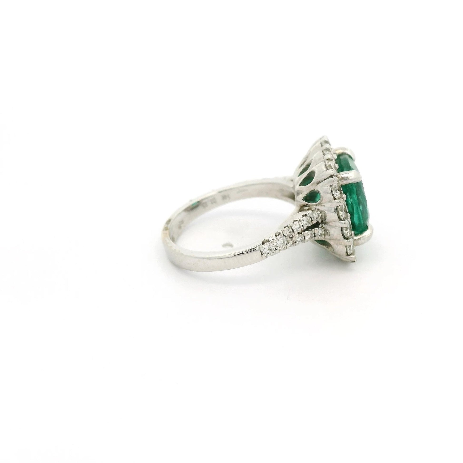 Cushion Cut Emerald Ring With Diamond Halo & Diamond Down Shank - Forever Rox Fine Jewelry