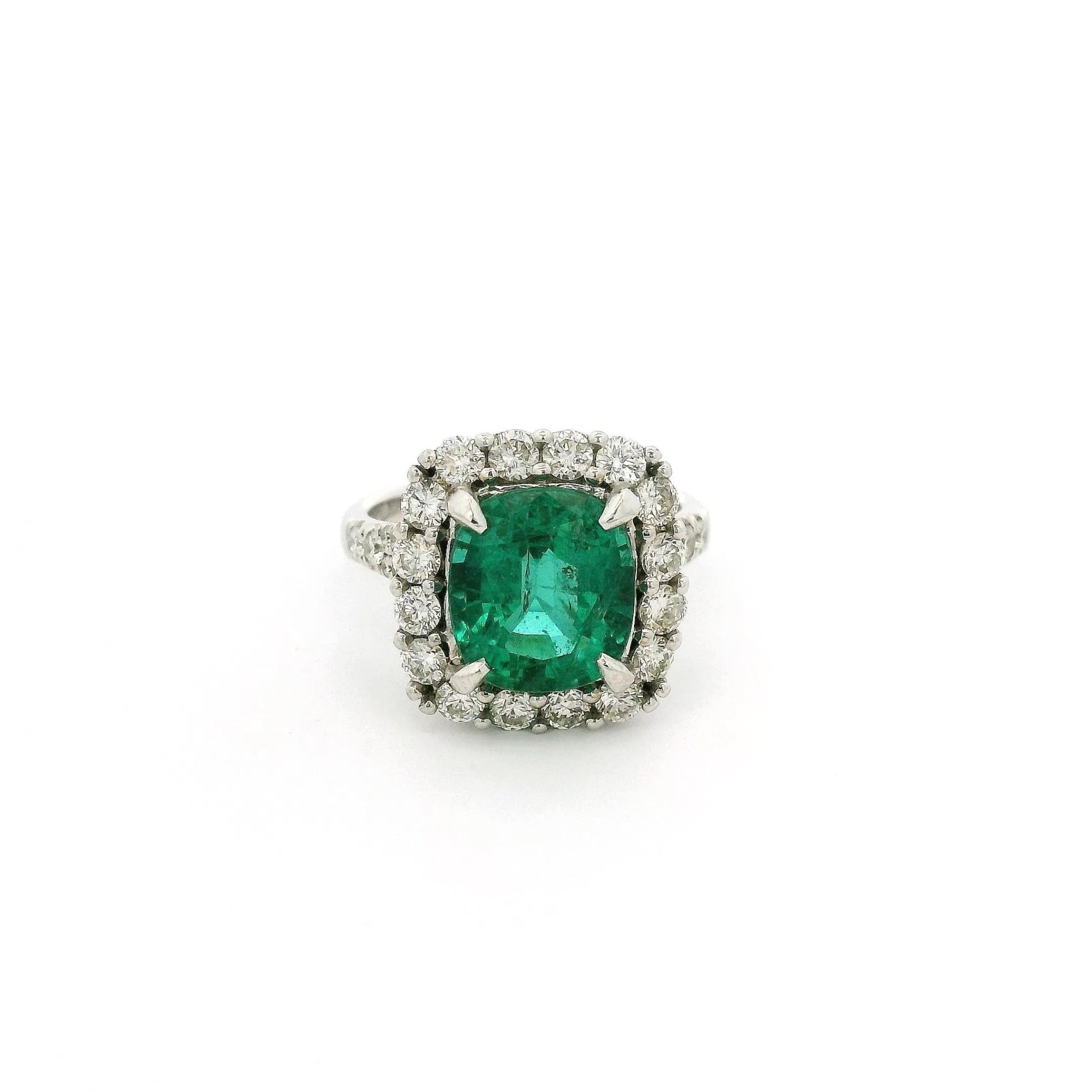 Cushion Cut Emerald Ring With Diamond Halo & Diamond Down Shank - Forever Rox Fine Jewelry