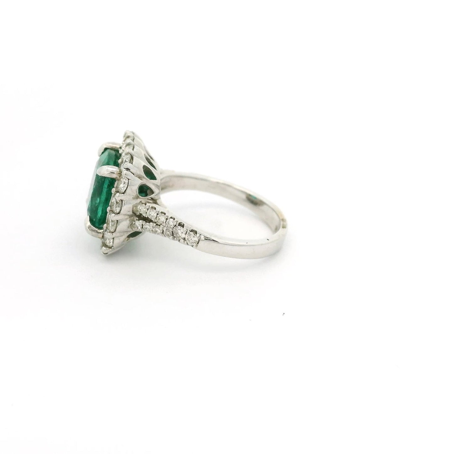 Cushion Cut Emerald Ring With Diamond Halo & Diamond Down Shank - Forever Rox Fine Jewelry