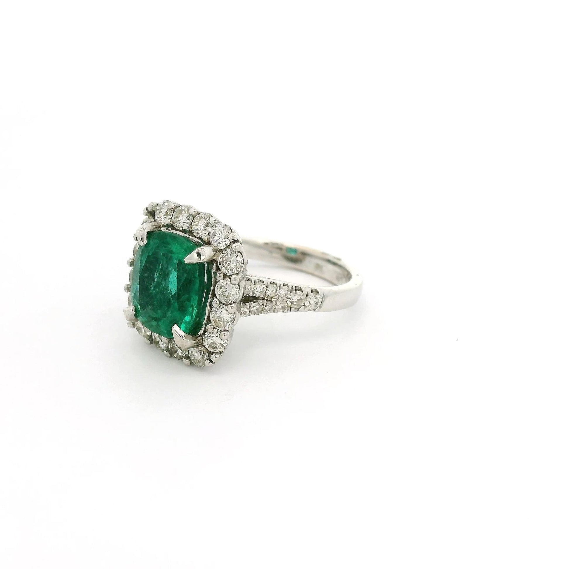 Cushion Cut Emerald Ring With Diamond Halo & Diamond Down Shank - Forever Rox Fine Jewelry