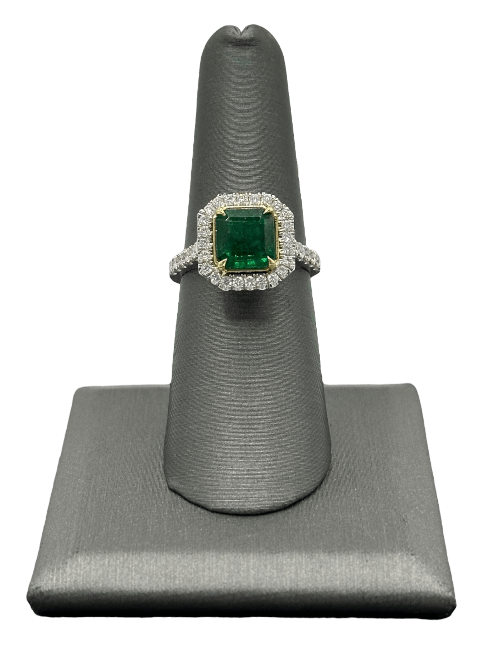 Cushion Cut Emerald Ring With Diamond Halo, Diamonds Down Band & Diamond Basket - Forever Rox