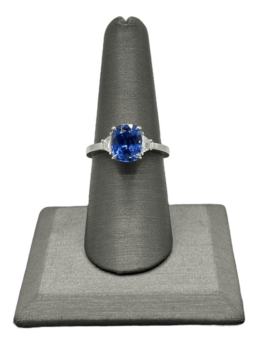 Cushion Cut Sapphire Ring With Two Trapezoid Cut Diamonds - Forever Rox