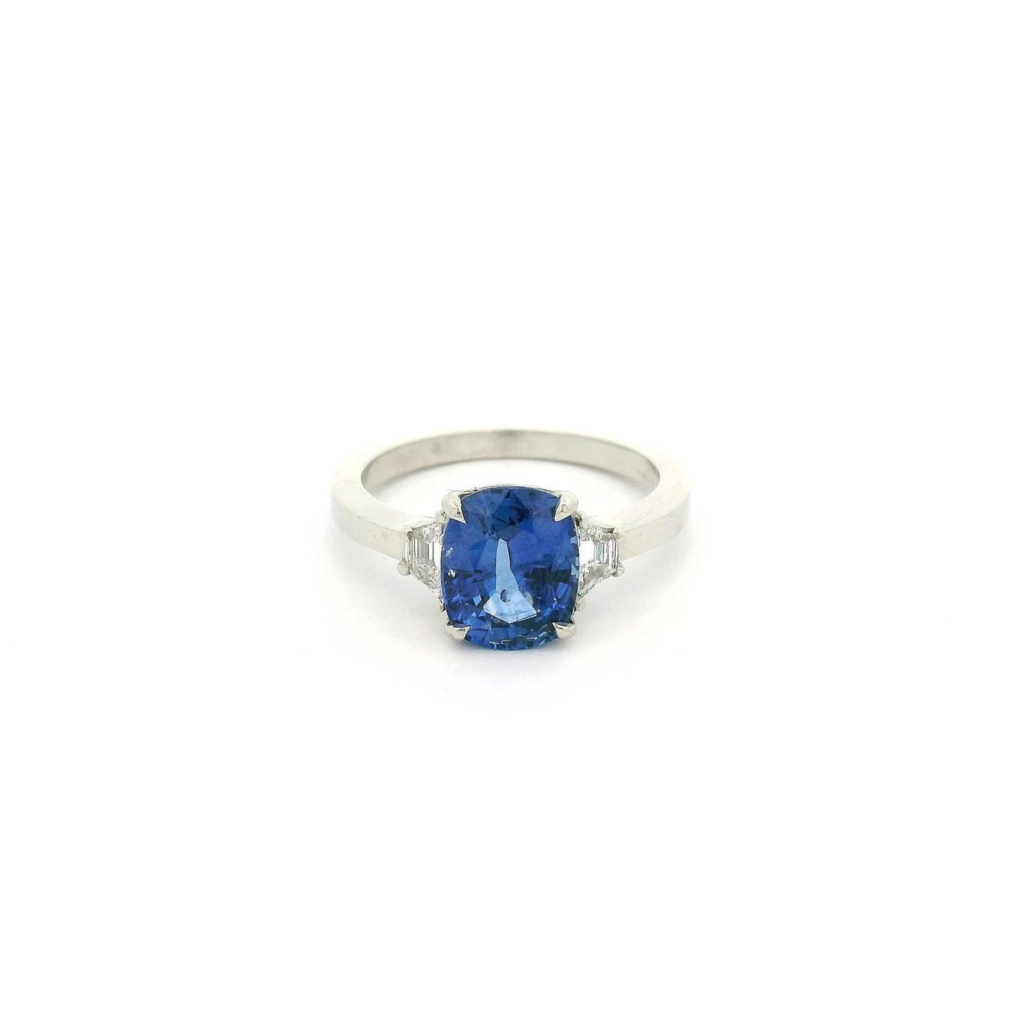 Cushion Cut Sapphire Ring With Two Trapezoid Cut Diamonds - Forever Rox Fine Jewelry