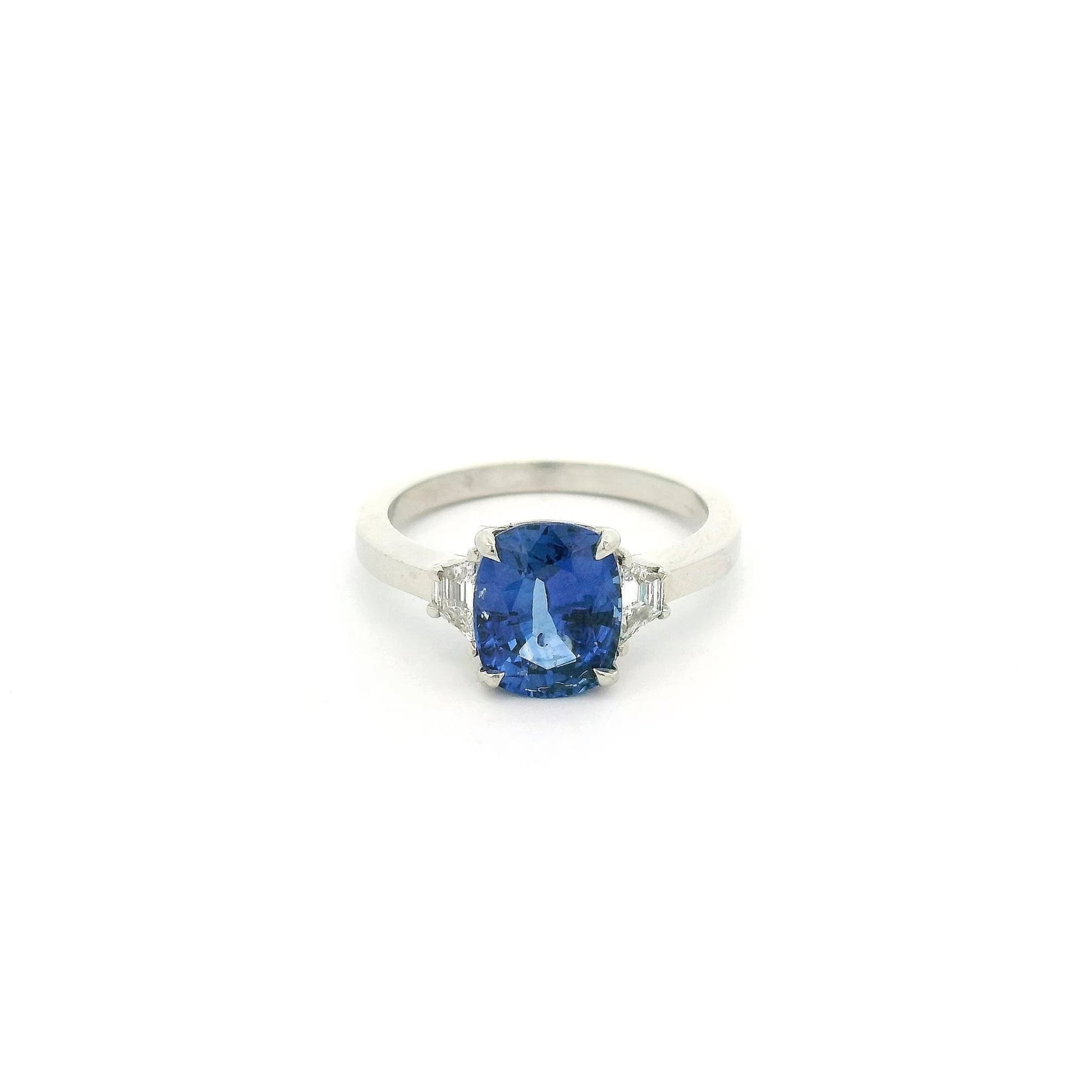 Cushion Cut Sapphire Ring With Two Trapezoid Cut Diamonds - Forever Rox Fine Jewelry