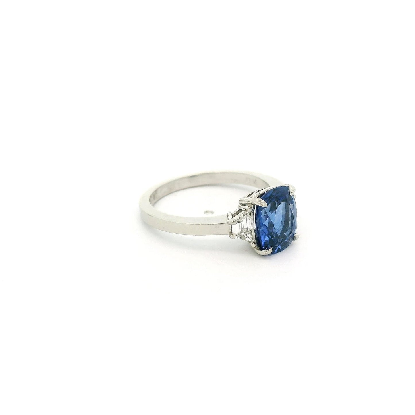 Cushion Cut Sapphire Ring With Two Trapezoid Cut Diamonds - Forever Rox Fine Jewelry