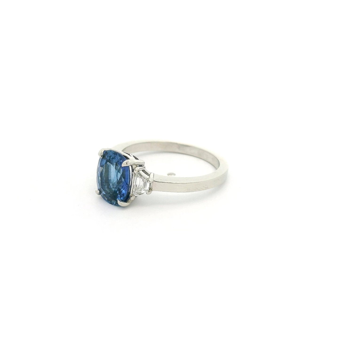 Cushion Cut Sapphire Ring With Two Trapezoid Cut Diamonds - Forever Rox Fine Jewelry