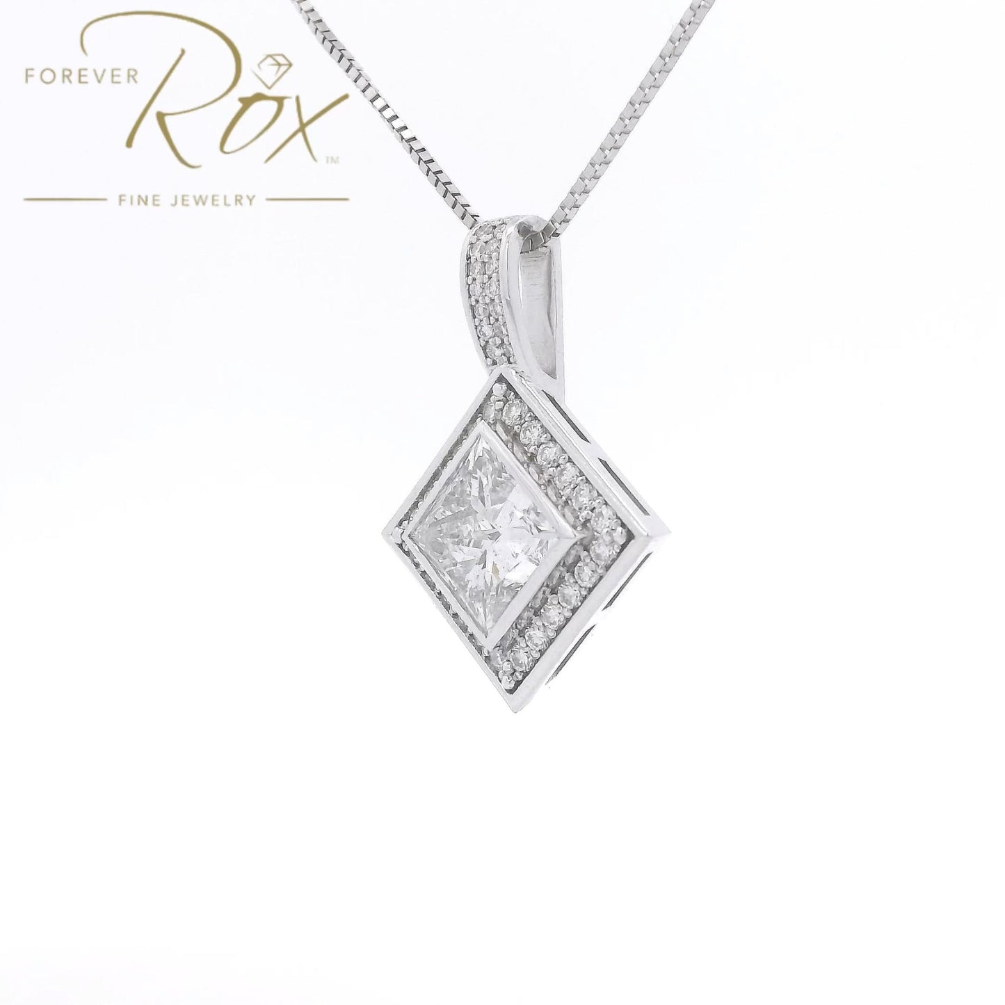 Custom Bezel Set Princess Cut DIamond Pendant with Channel Set Round Cut Diamond Halo - Forever Rox Fine Jewelry