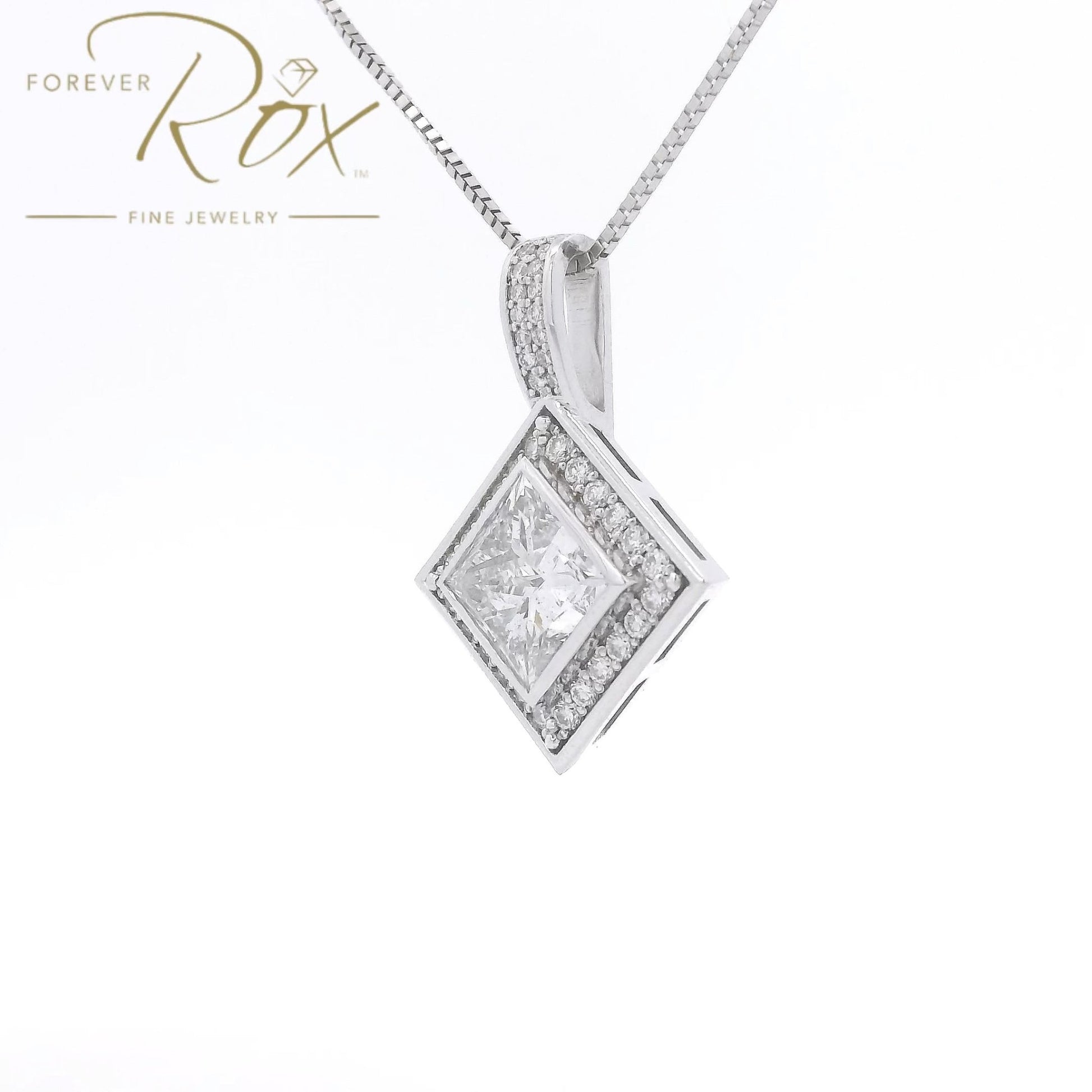 Custom Bezel Set Princess Cut DIamond Pendant with Channel Set Round Cut Diamond Halo - Forever Rox Fine Jewelry