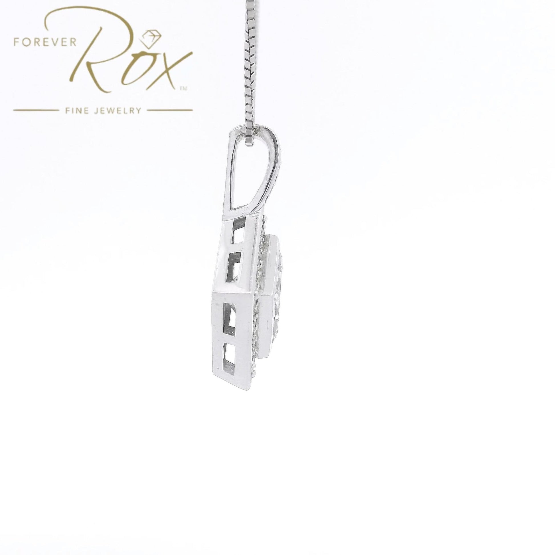 Custom Bezel Set Princess Cut DIamond Pendant with Channel Set Round Cut Diamond Halo - Forever Rox Fine Jewelry