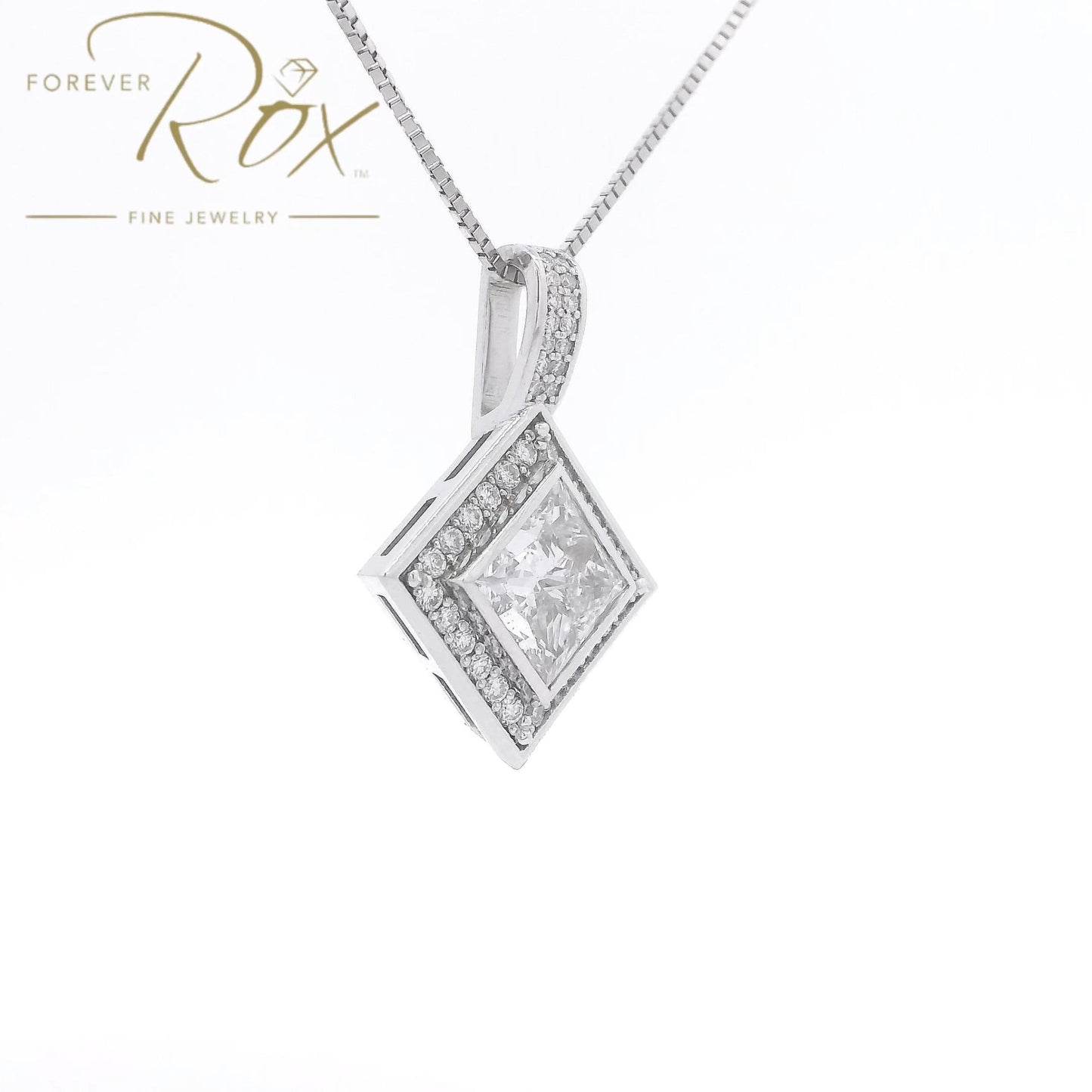 Custom Bezel Set Princess Cut DIamond Pendant with Channel Set Round Cut Diamond Halo - Forever Rox Fine Jewelry