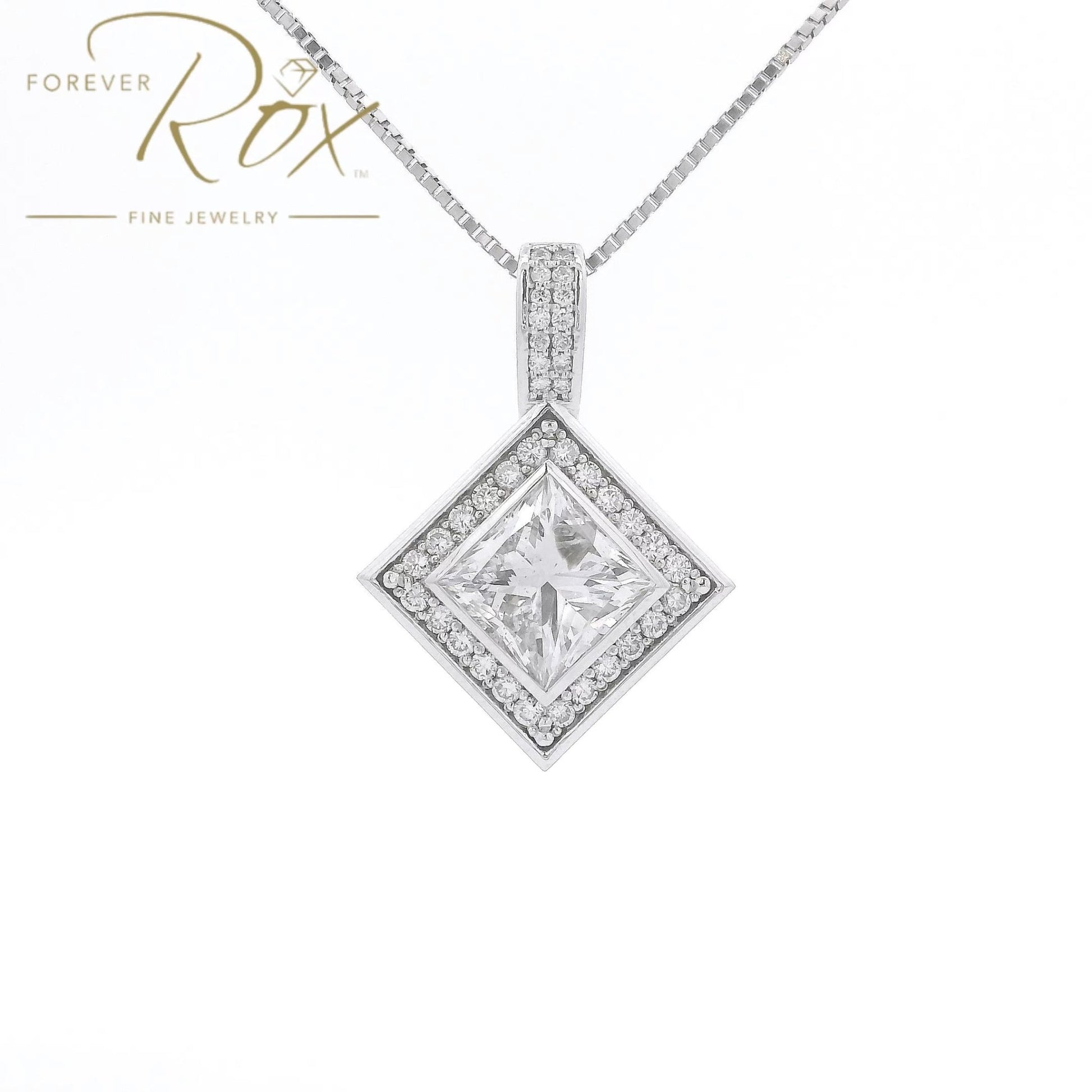 Custom Bezel Set Princess Cut DIamond Pendant with Channel Set Round Cut Diamond Halo - Forever Rox Fine Jewelry