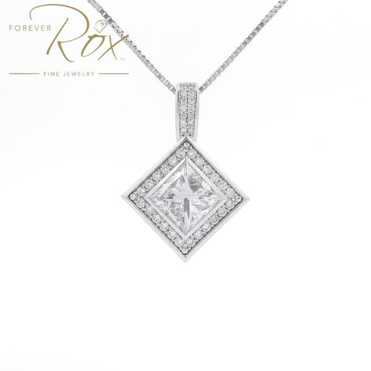 Custom Bezel Set Princess Cut DIamond Pendant with Channel Set Round Cut Diamond Halo - Forever Rox Fine Jewelry