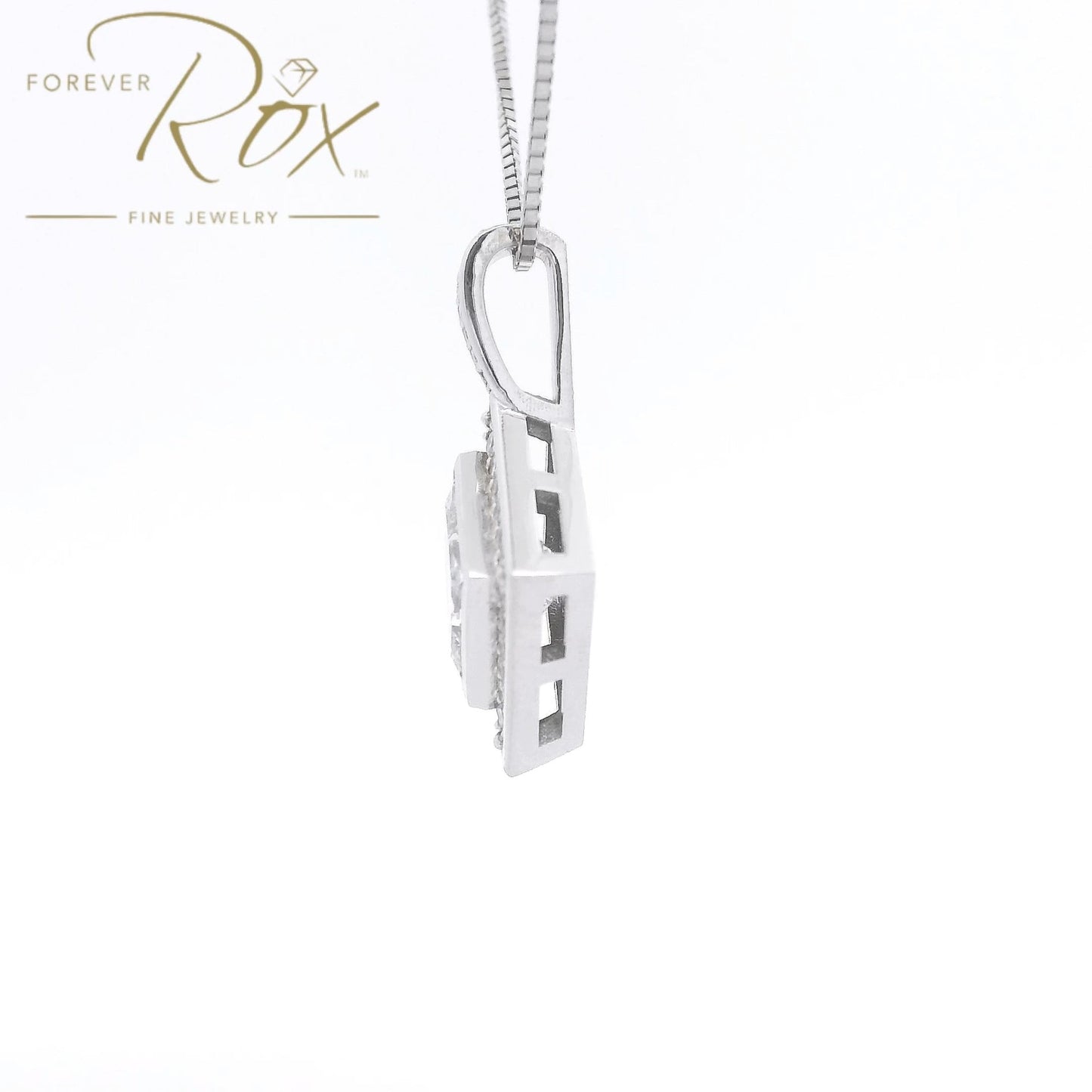 Custom Bezel Set Princess Cut DIamond Pendant with Channel Set Round Cut Diamond Halo - Forever Rox Fine Jewelry