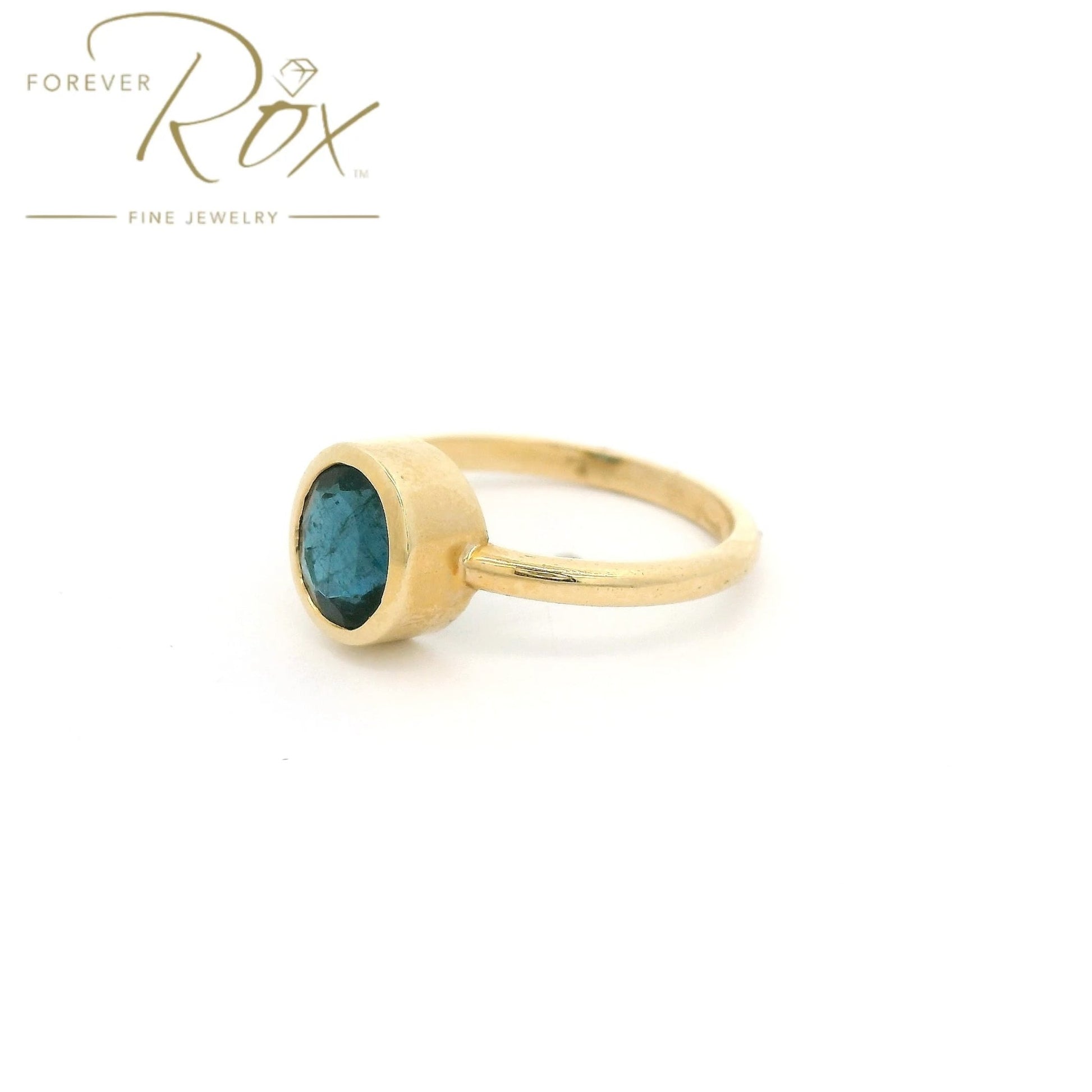Custom Bezel Set Round Cut Blue Indicolite Tourmaline Ring - Forever Rox Fine Jewelry