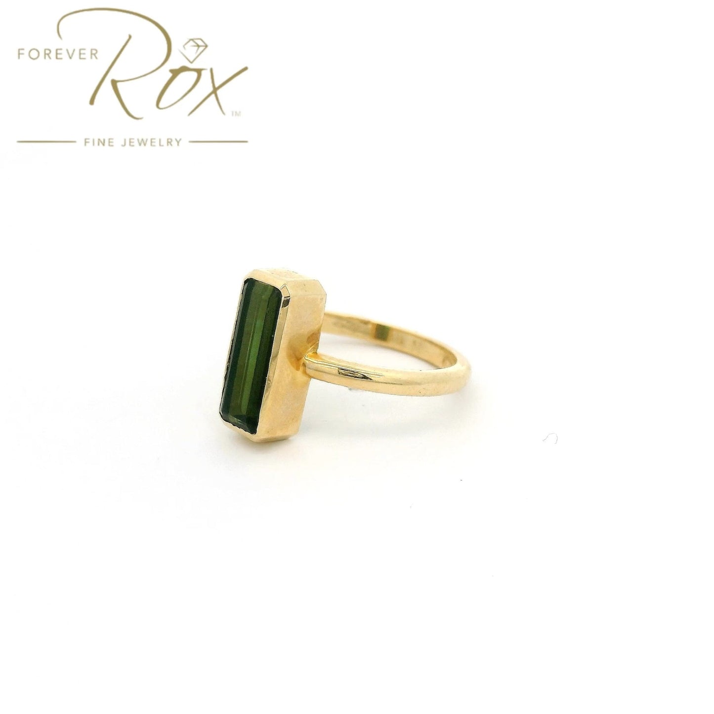 Custom Bezel Set Step Cut Green Tourmaline Ring - Forever Rox Fine Jewelry