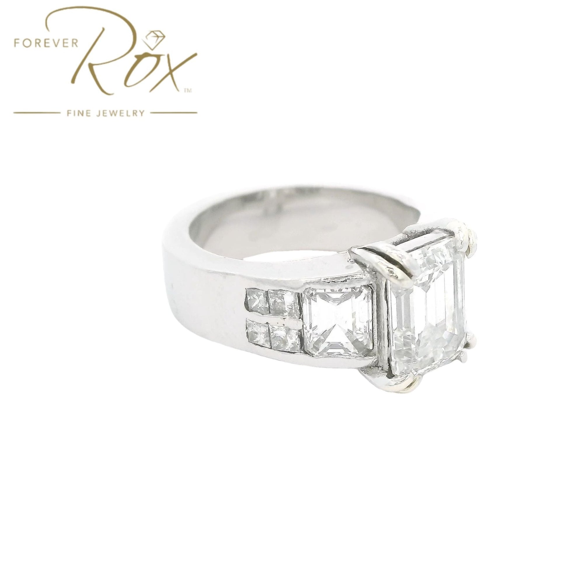 Custom Emerald Cut Diamond Wedding Ring With Square Emerald and Princess Cut Diamonds - Forever Rox