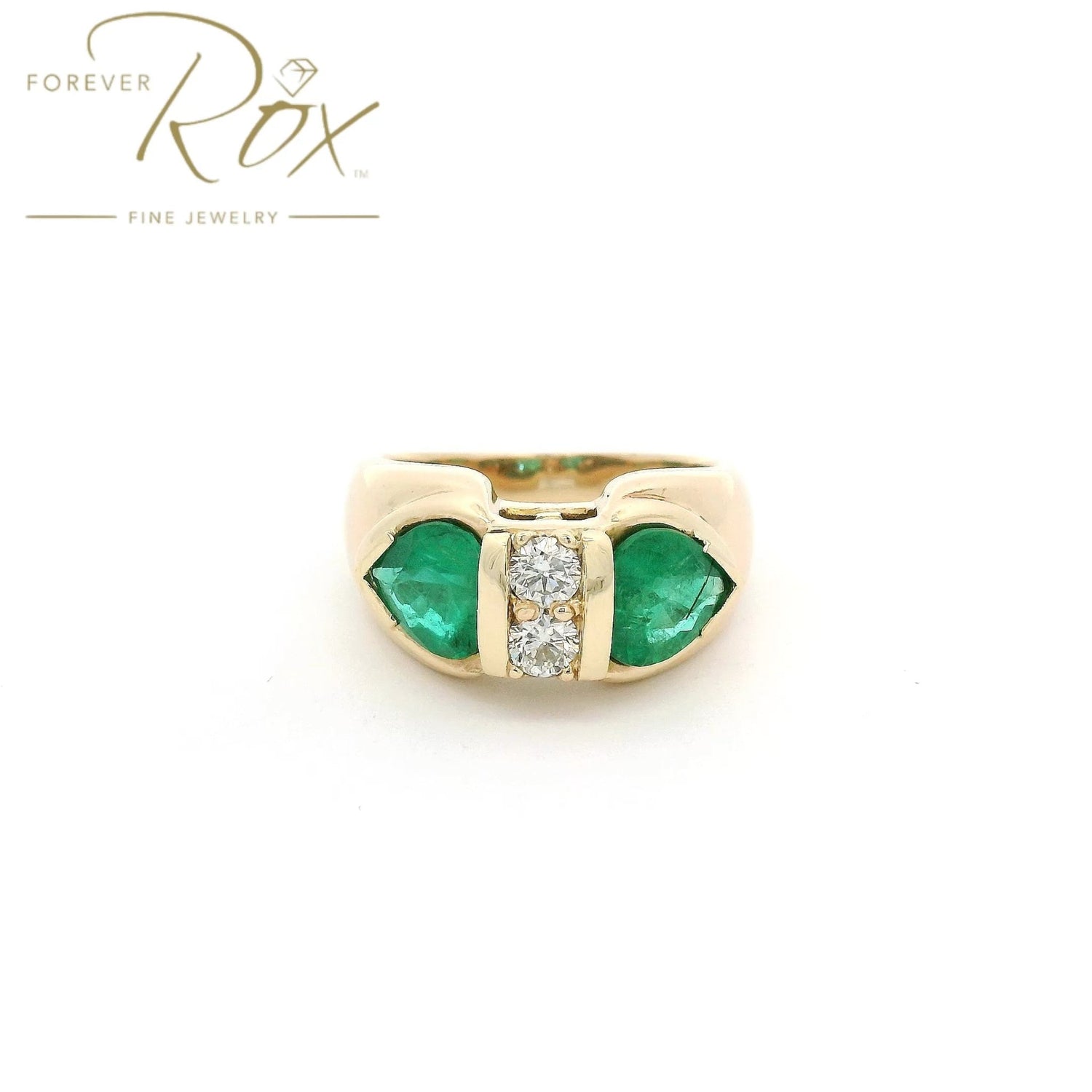 Custom Full Restoration Two Pear Cut Emerald & Two Round Cut Diamond Ring - Forever Rox Fine Jewelry