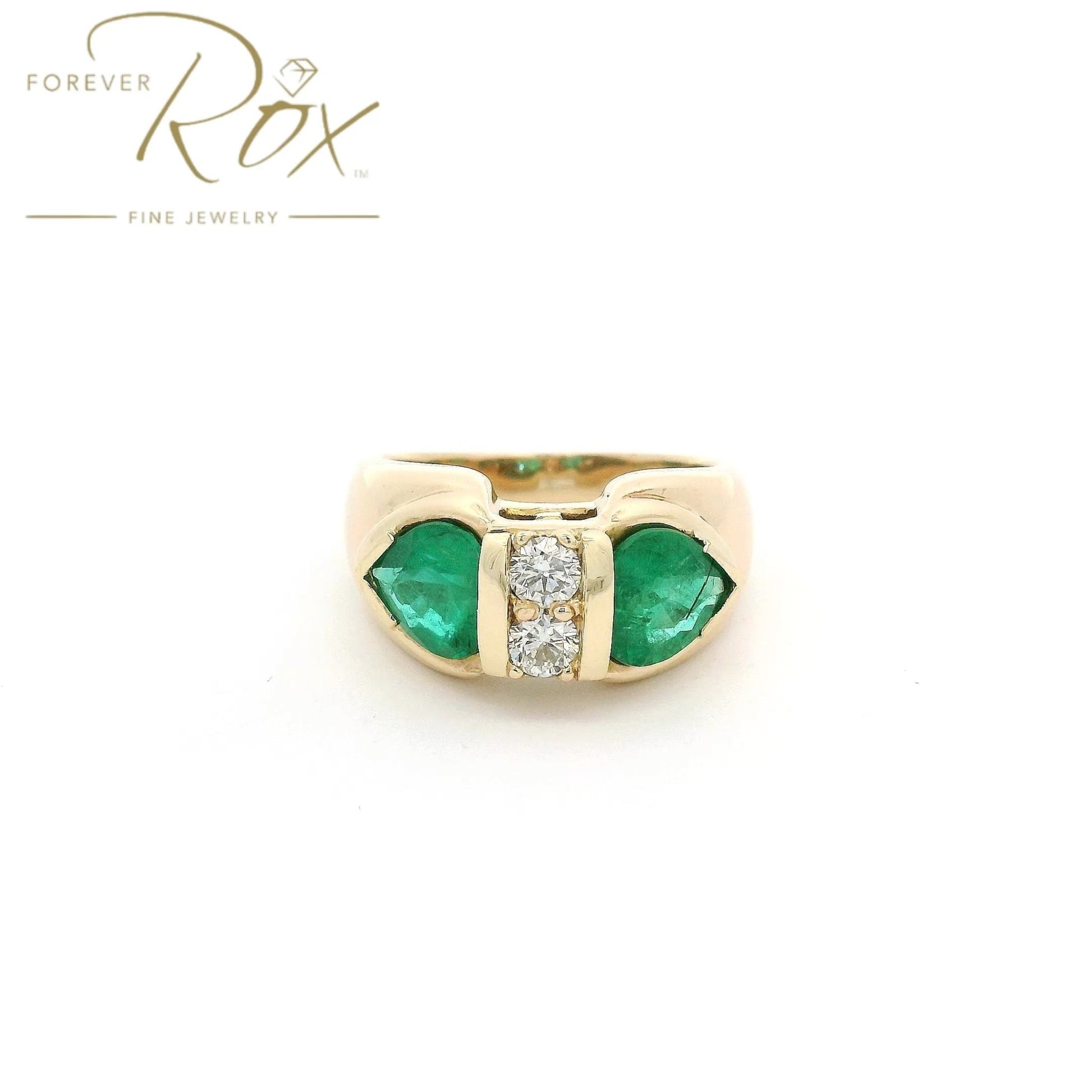 Custom Full Restoration Two Pear Cut Emerald & Two Round Cut Diamond Ring - Forever Rox Fine Jewelry