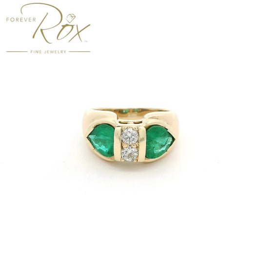 Custom Full Restoration Two Pear Cut Emerald & Two Round Cut Diamond Ring - Forever Rox Fine Jewelry