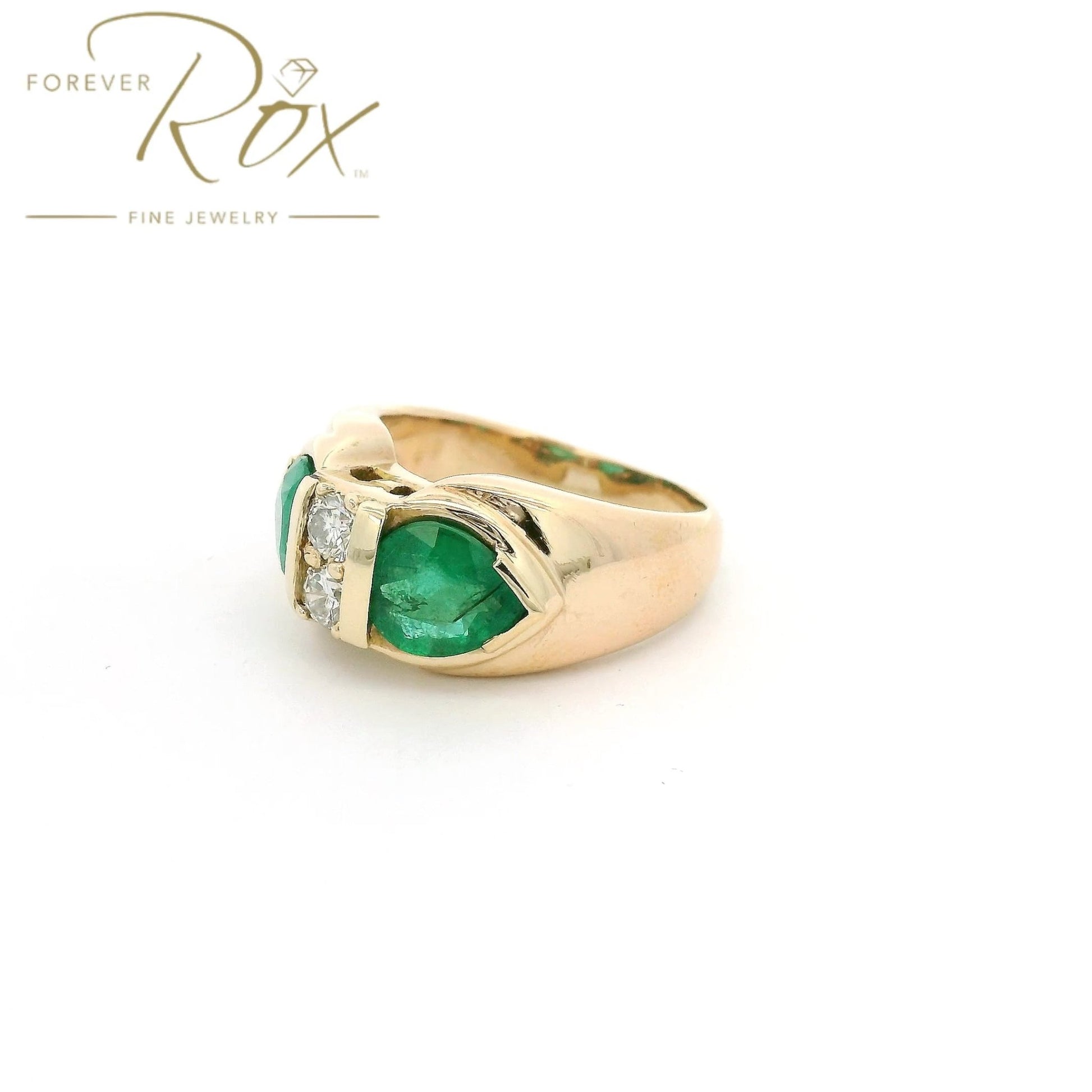 Custom Full Restoration Two Pear Cut Emerald & Two Round Cut Diamond Ring - Forever Rox Fine Jewelry