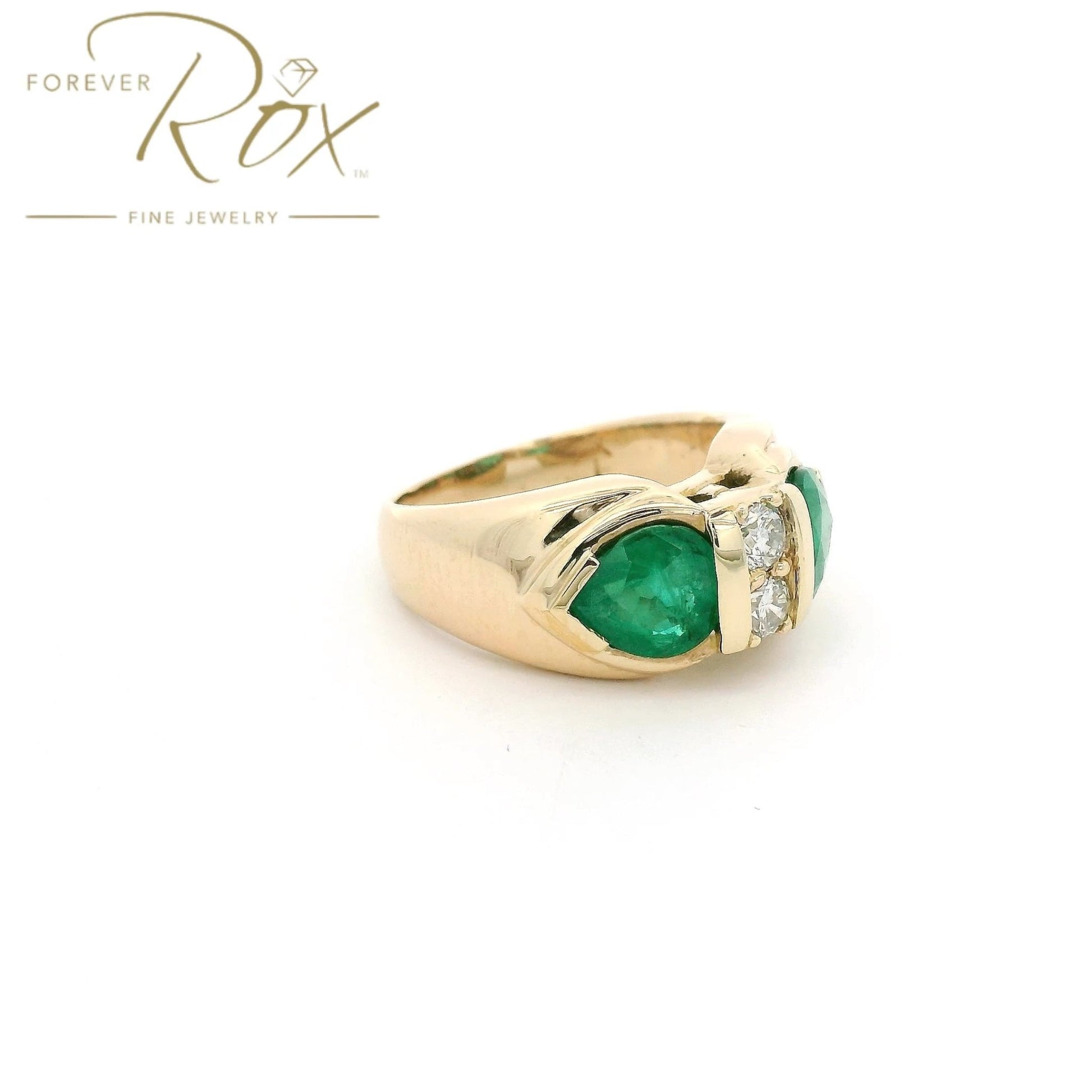 Custom Full Restoration Two Pear Cut Emerald & Two Round Cut Diamond Ring - Forever Rox Fine Jewelry