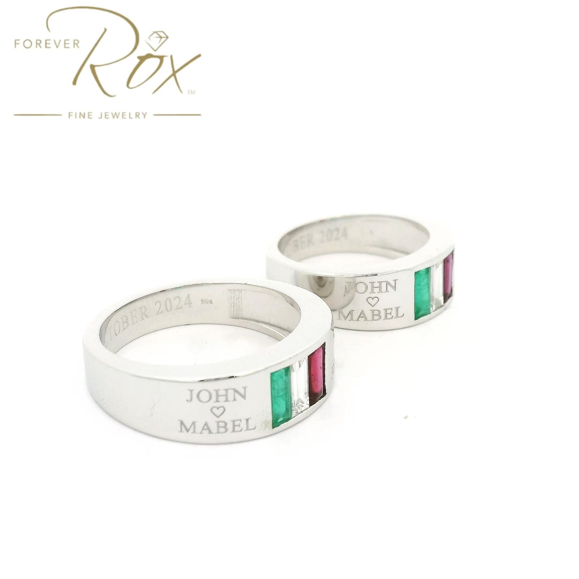 Custom Italian Flag Emerald, Diamond & Ruby Matching Rings - Forever Rox