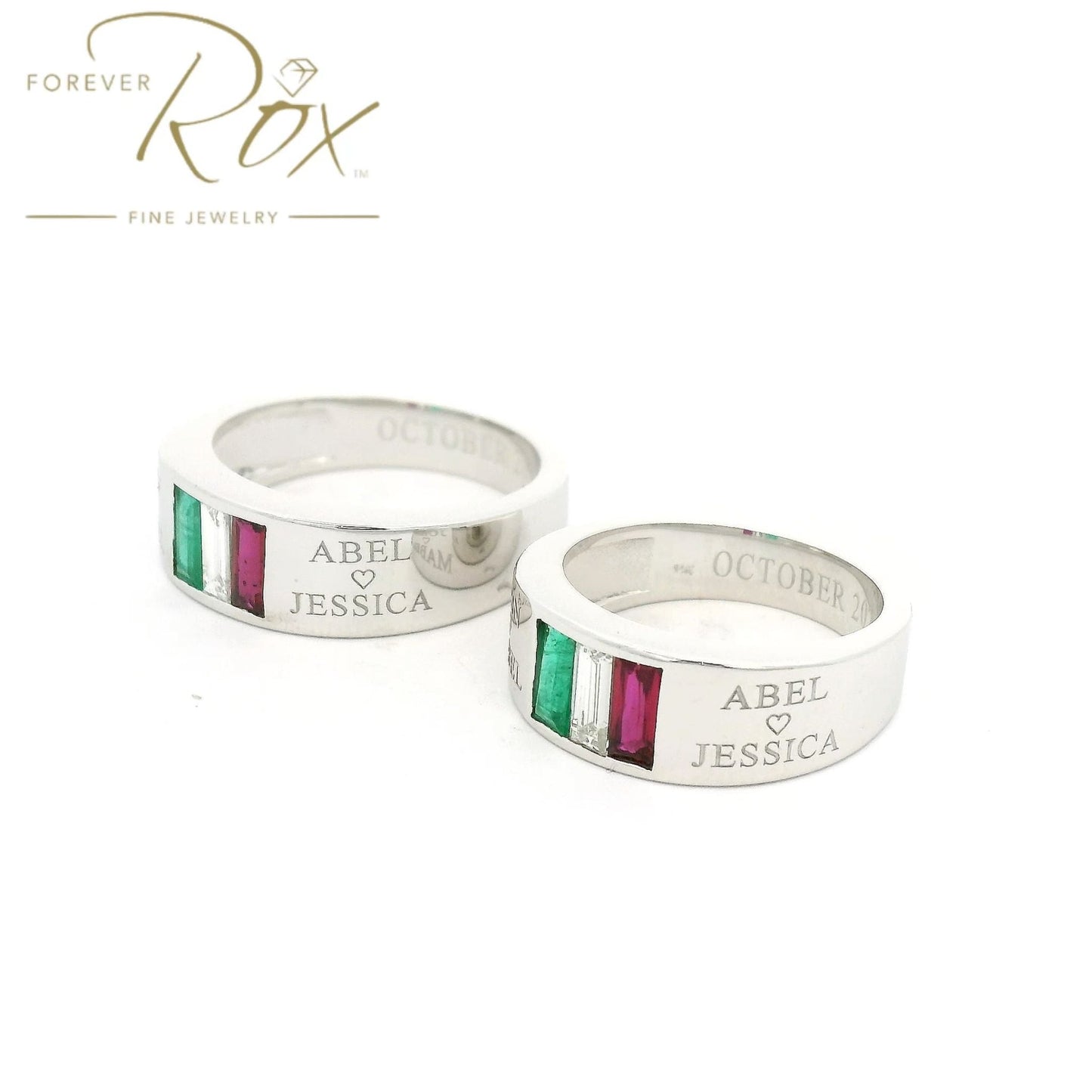 Custom Italian Flag Emerald, Diamond & Ruby Matching Rings - Forever Rox
