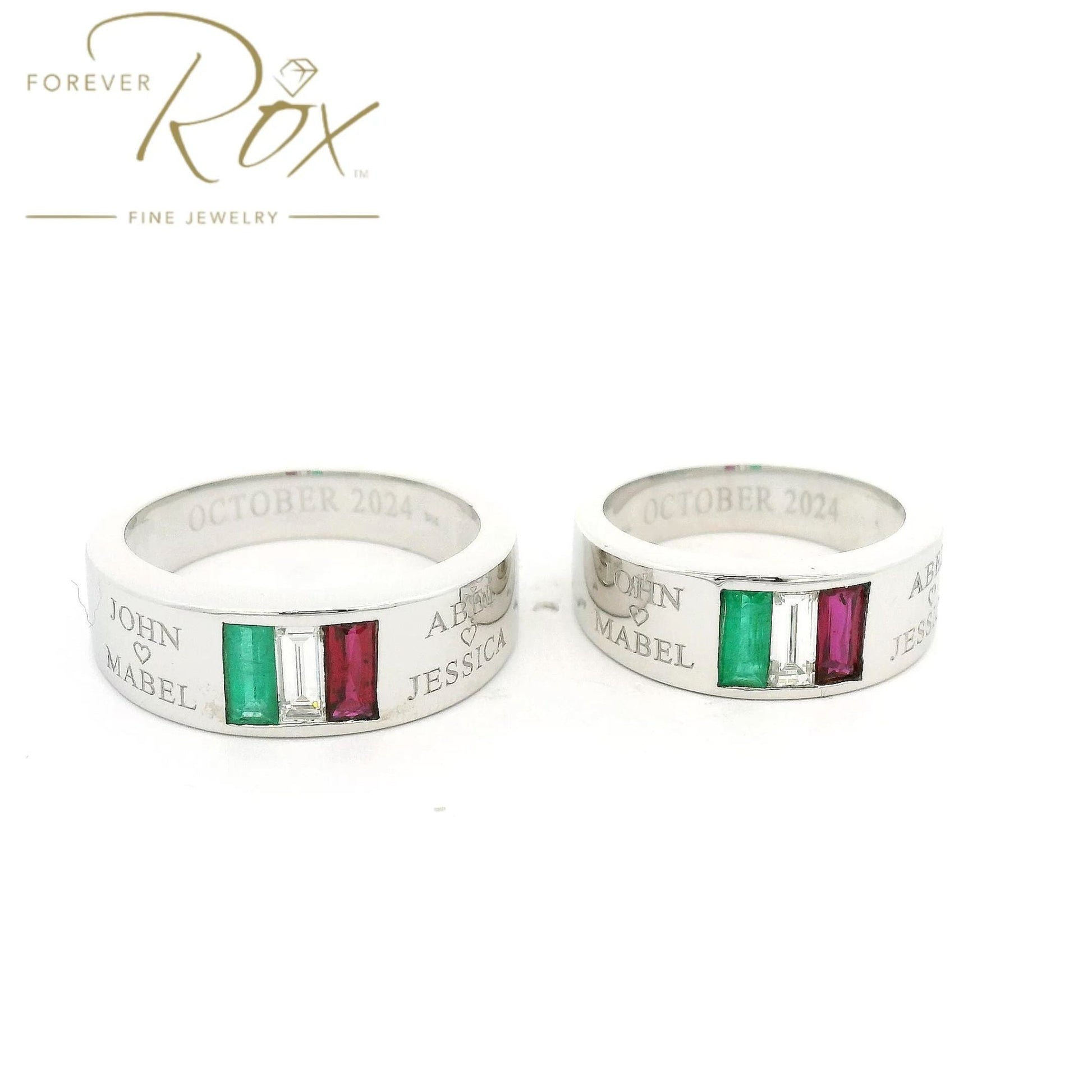 Custom Italian Flag Emerald, Diamond & Ruby Matching Rings - Forever Rox