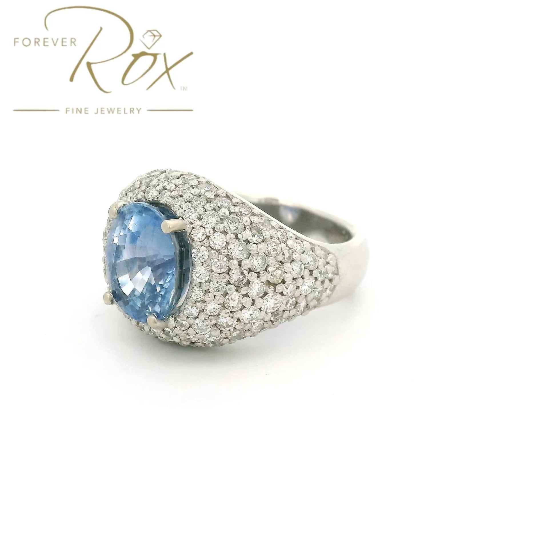 Custom Light Blue Oval Cut Ceylon Sapphire & Pavé Diamond Ring - Forever Rox Fine Jewelry