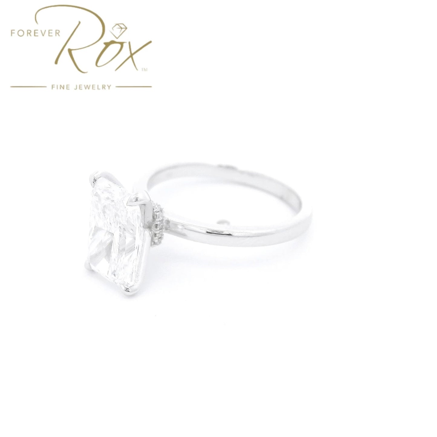 Custom Long Radiant Cut D - VS1 Diamond Ring with Diamonds Around Head - Forever Rox Fine Jewelry