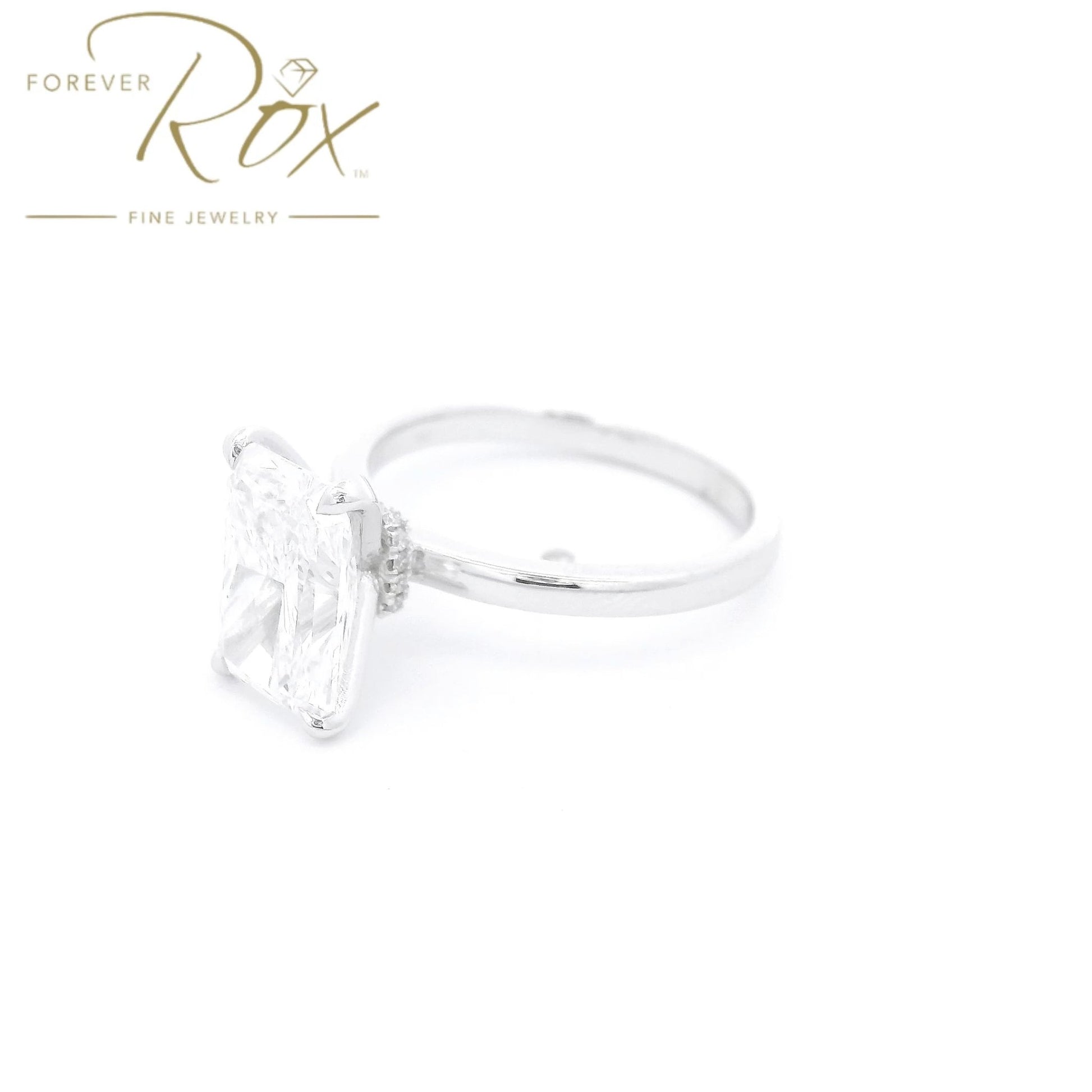 Custom Long Radiant Cut D - VS1 Diamond Ring with Diamonds Around Head - Forever Rox Fine Jewelry