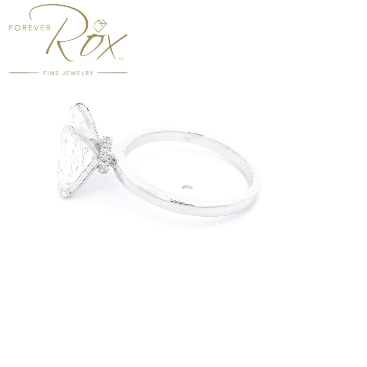 Custom Long Radiant Cut D - VS1 Diamond Ring with Diamonds Around Head - Forever Rox Fine Jewelry