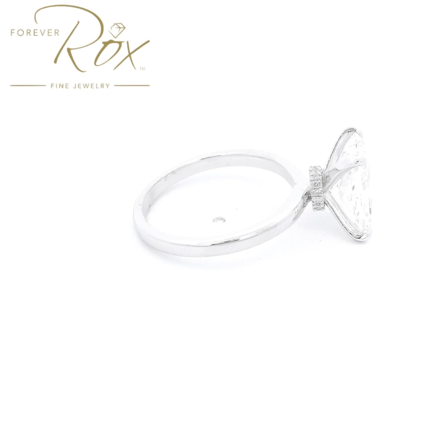 Custom Long Radiant Cut D - VS1 Diamond Ring with Diamonds Around Head - Forever Rox Fine Jewelry