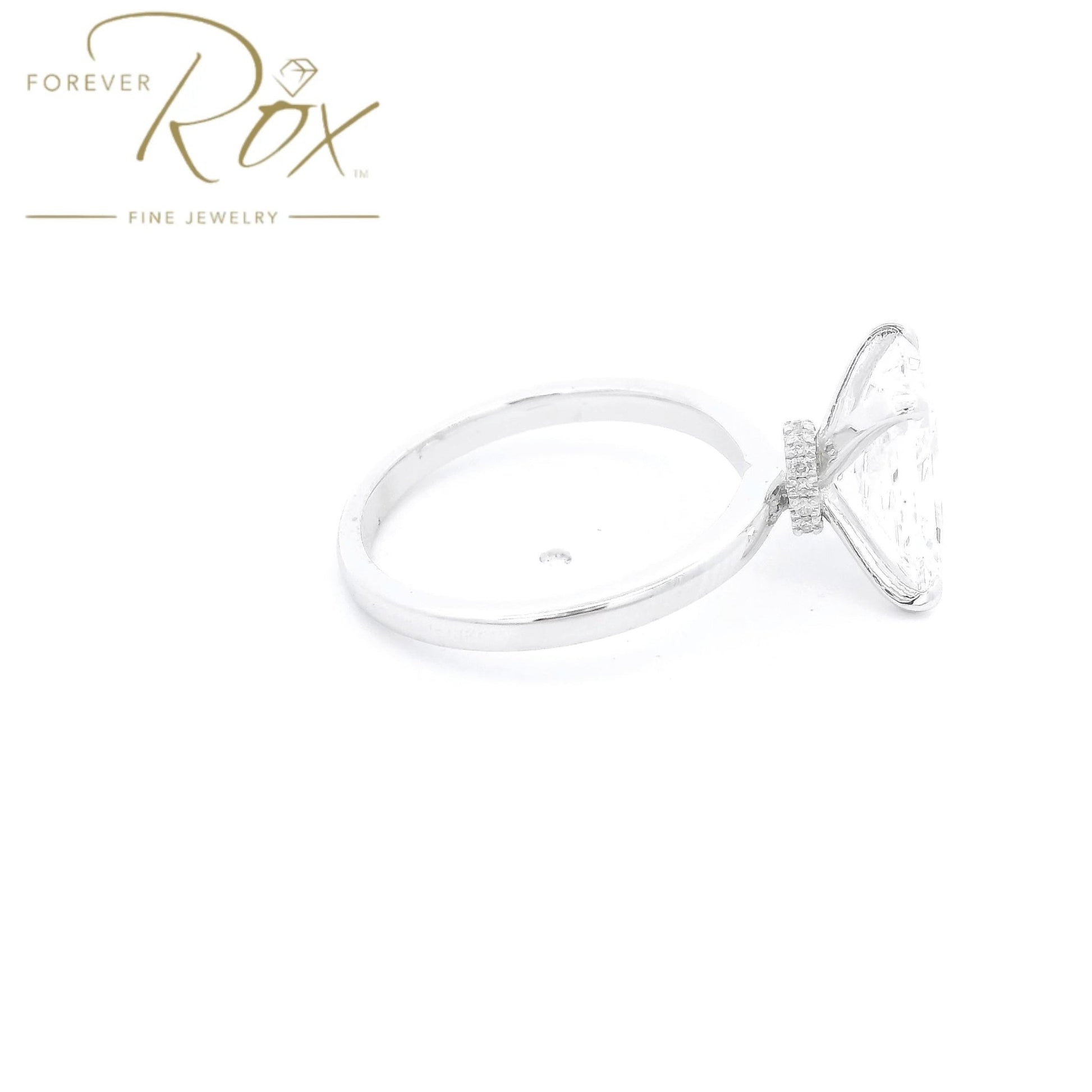 Custom Long Radiant Cut D - VS1 Diamond Ring with Diamonds Around Head - Forever Rox Fine Jewelry