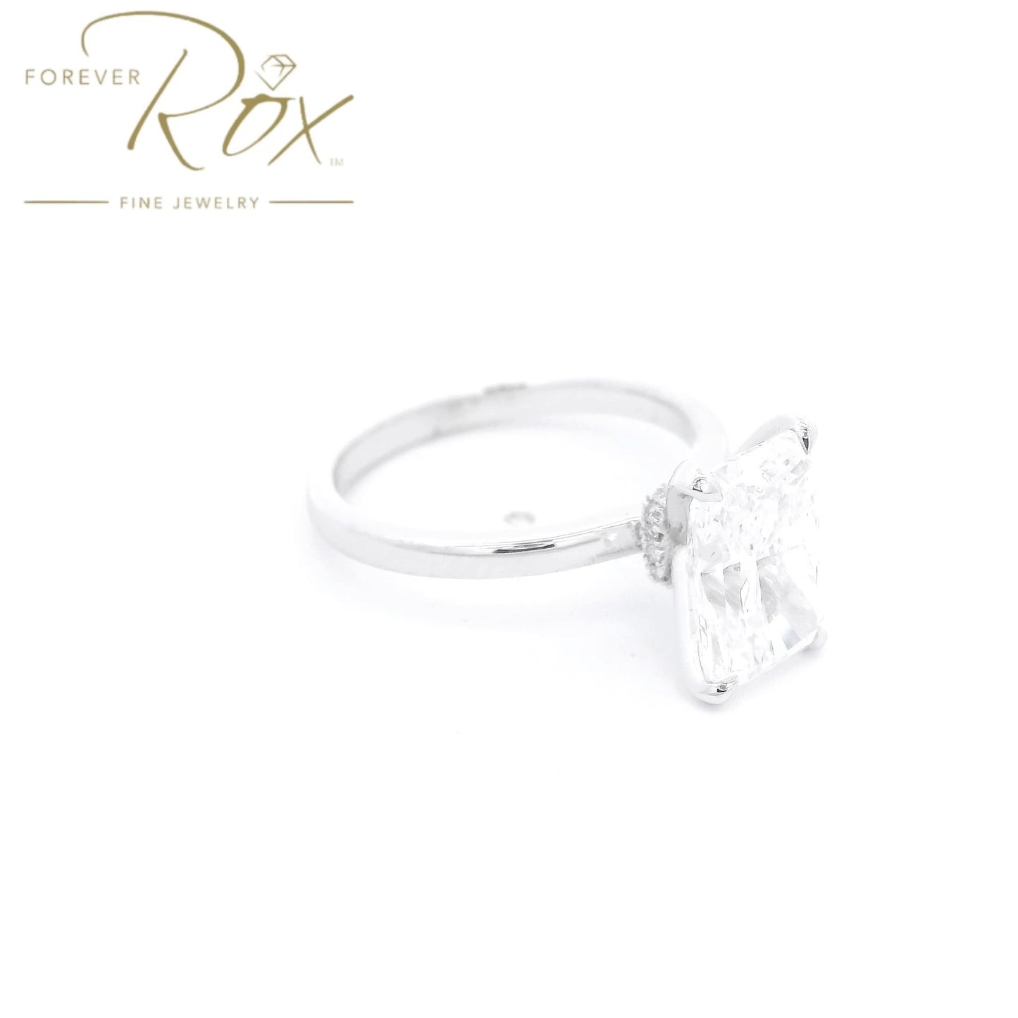 Custom Long Radiant Cut D - VS1 Diamond Ring with Diamonds Around Head - Forever Rox Fine Jewelry