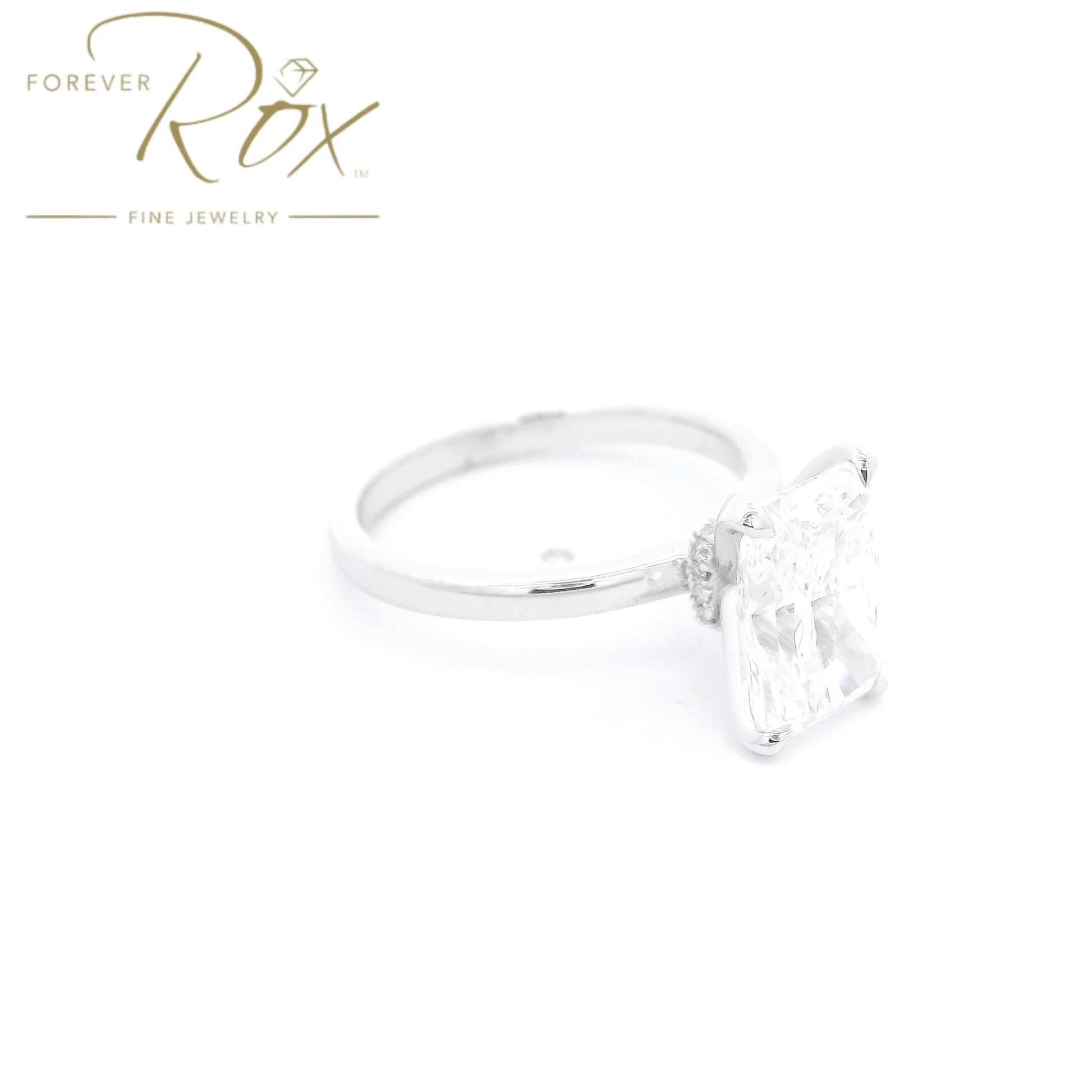 Custom Long Radiant Cut D - VS1 Diamond Ring with Diamonds Around Head - Forever Rox Fine Jewelry